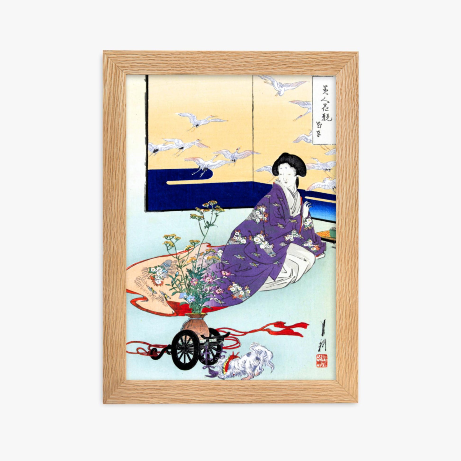 Ogata Gekko - Dog Playing with Flower Cart 21x30 cm Poster With Oak Frame