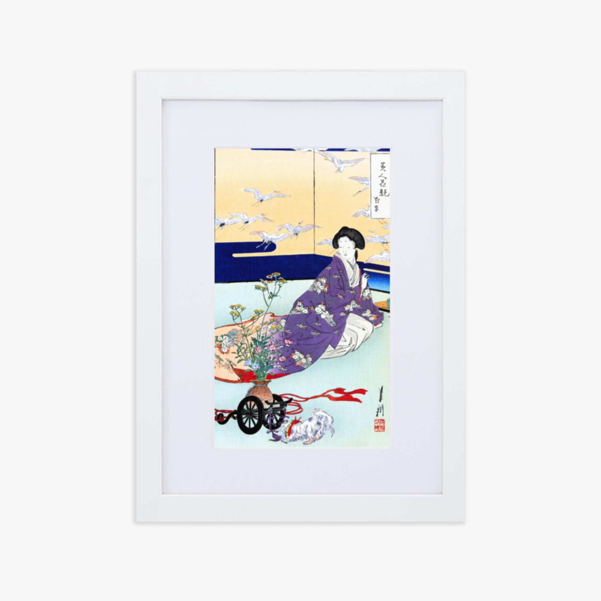 Ogata Gekko - Dog Playing with Flower Cart 21x30 cm Poster With White Frame