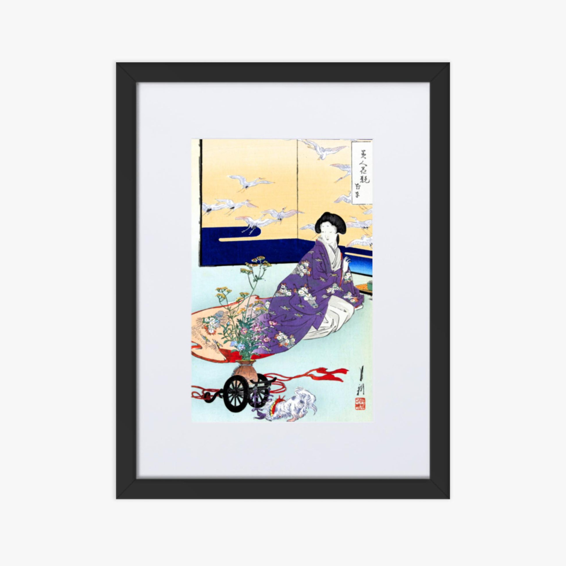 Ogata Gekko - Dog Playing with Flower Cart 30x40 cm Poster With Black Frame