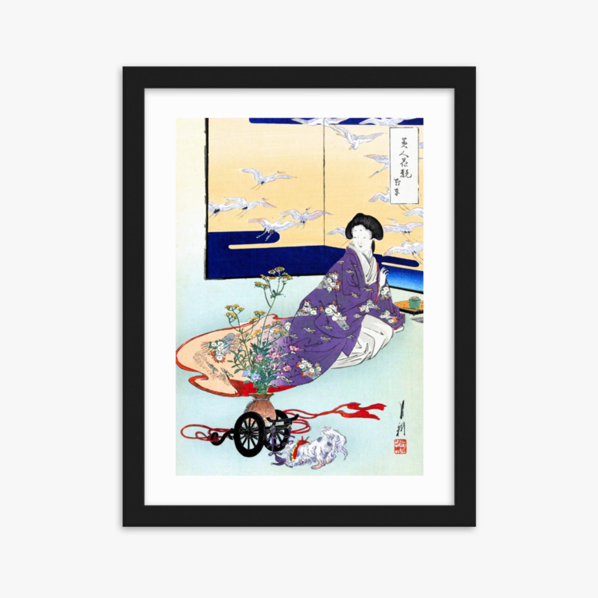 Ogata Gekko - Dog Playing with Flower Cart 30x40 cm Poster With Black Frame