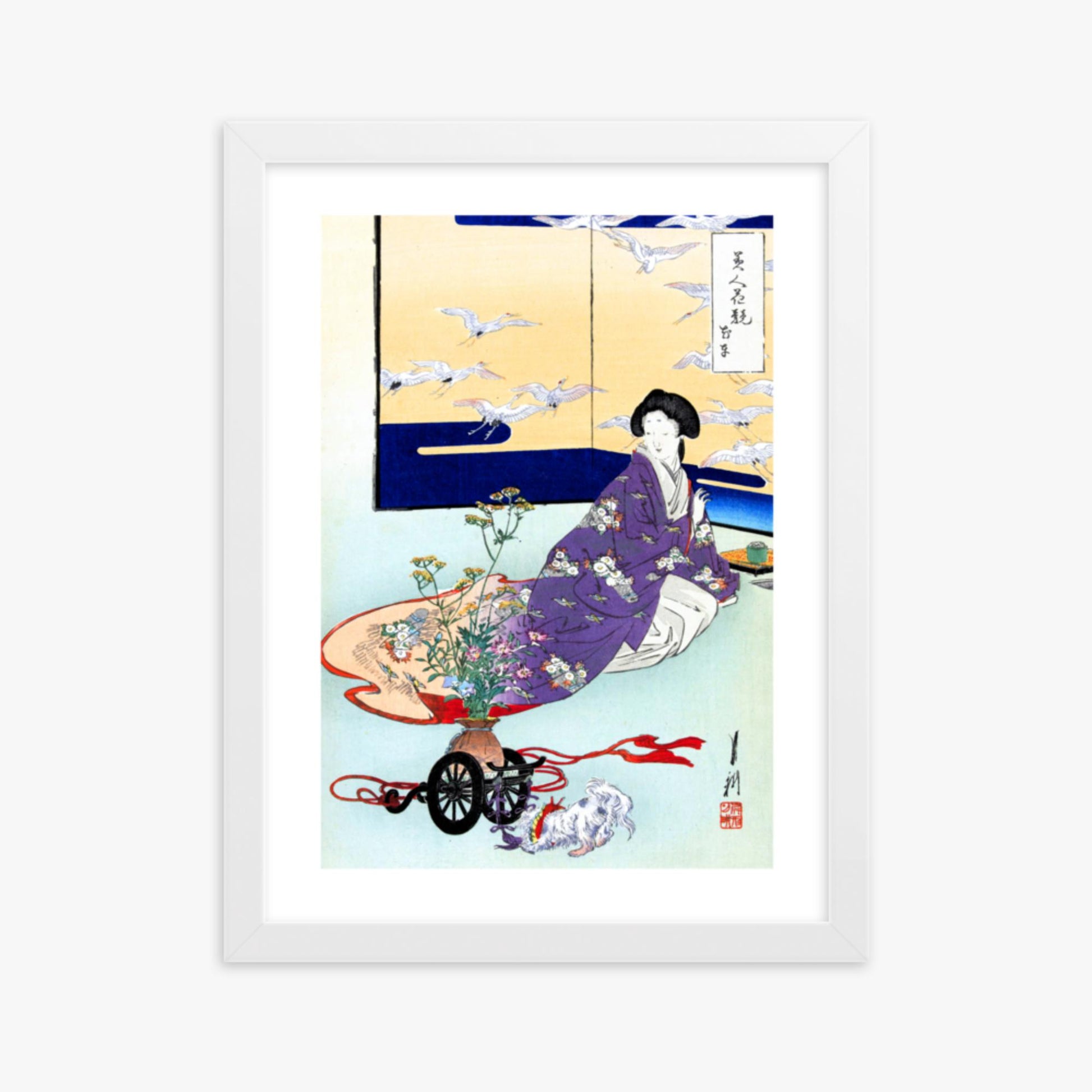 Ogata Gekko - Dog Playing with Flower Cart 30x40 cm Poster With White Frame