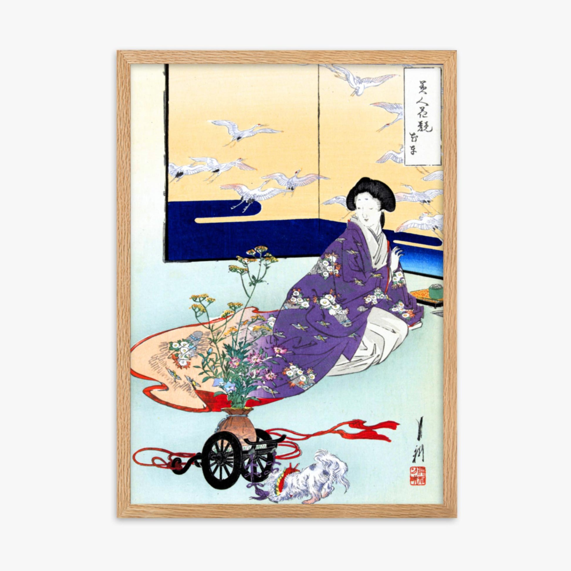 Ogata Gekko - Dog Playing with Flower Cart 50x70 cm Poster With Oak Frame