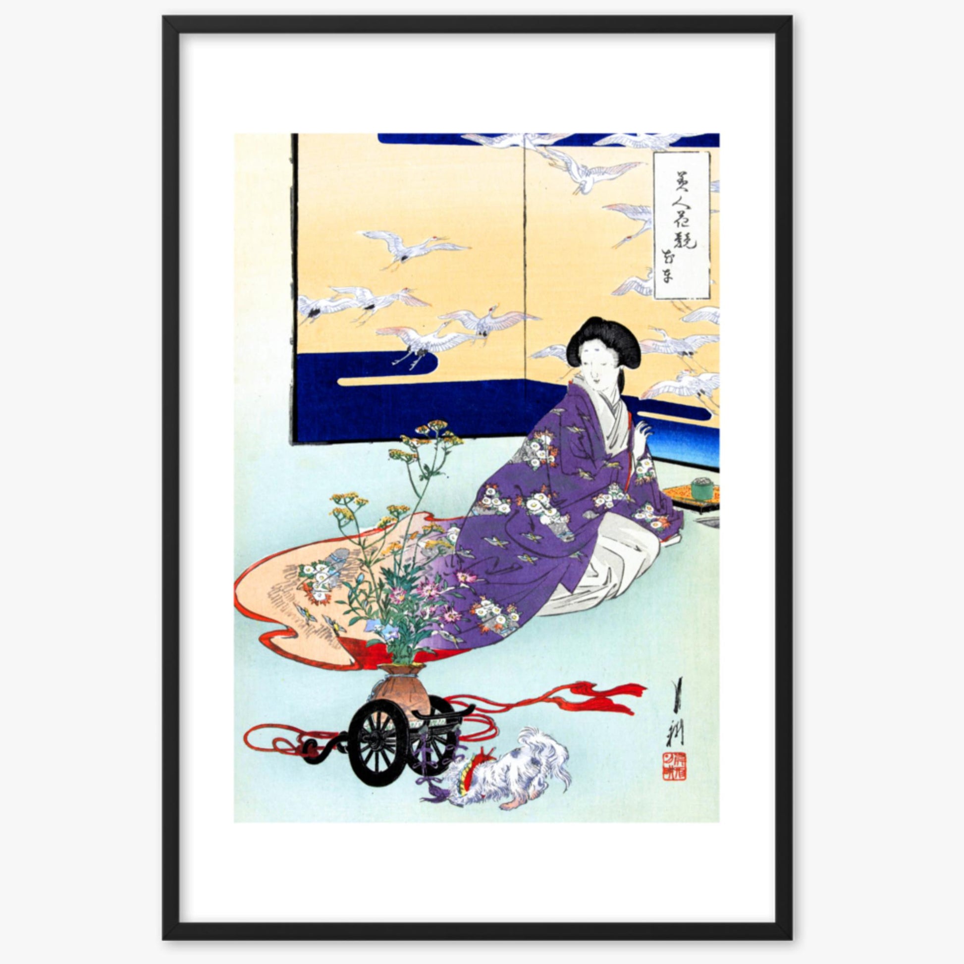 Ogata Gekko - Dog Playing with Flower Cart 61x91 cm Poster With Black Frame