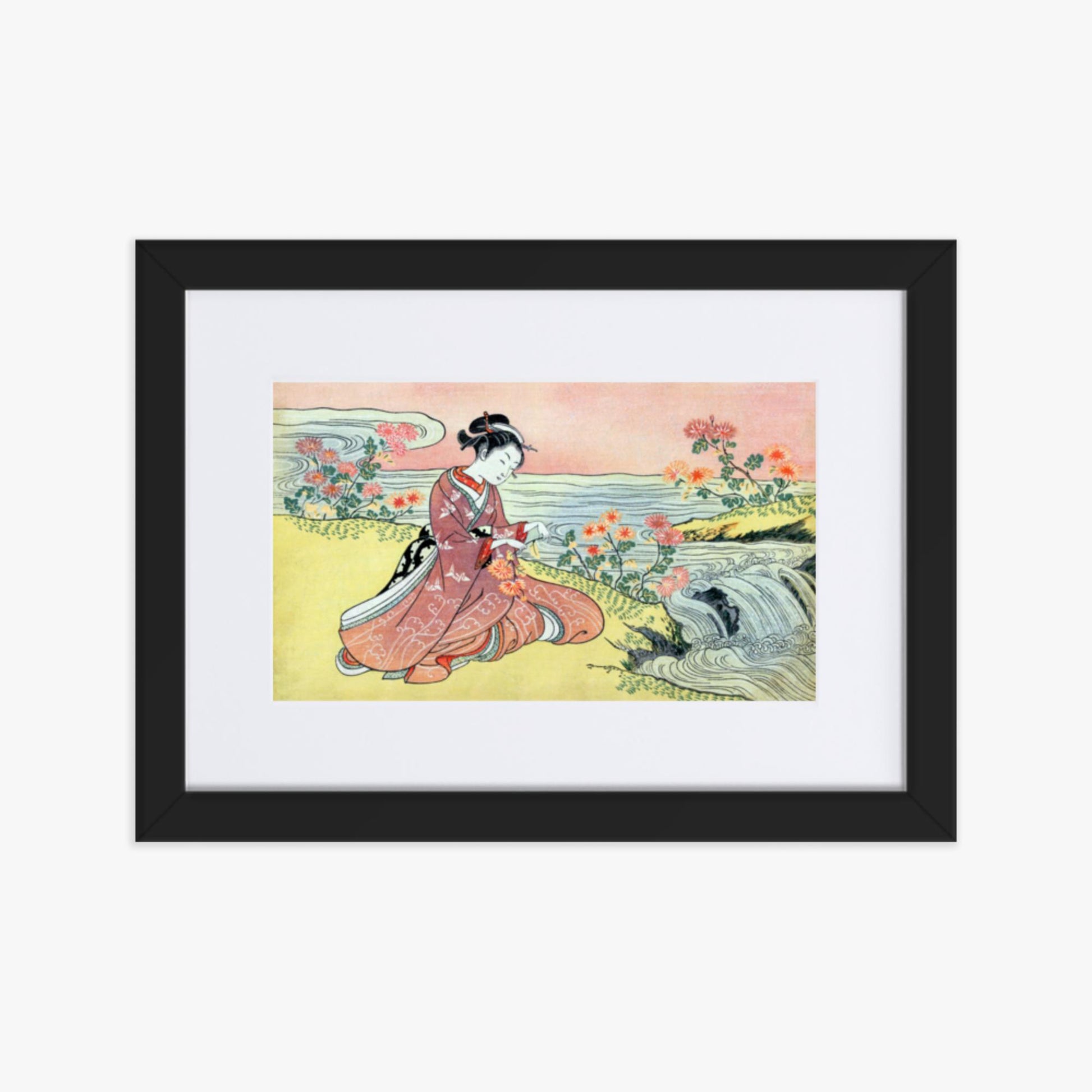 Suzuki Harunobu - Woman Picking Chrysanthemum 21x30 cm Poster With Black Frame