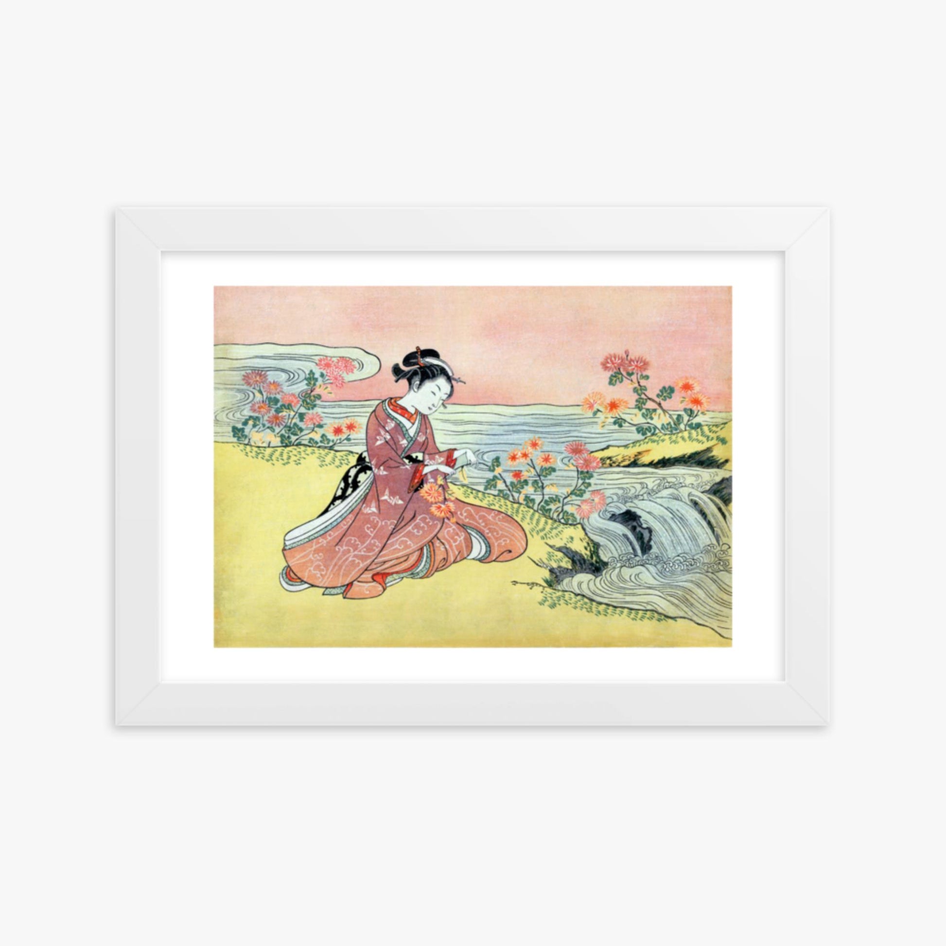 Suzuki Harunobu - Woman Picking Chrysanthemum 21x30 cm Poster With White Frame