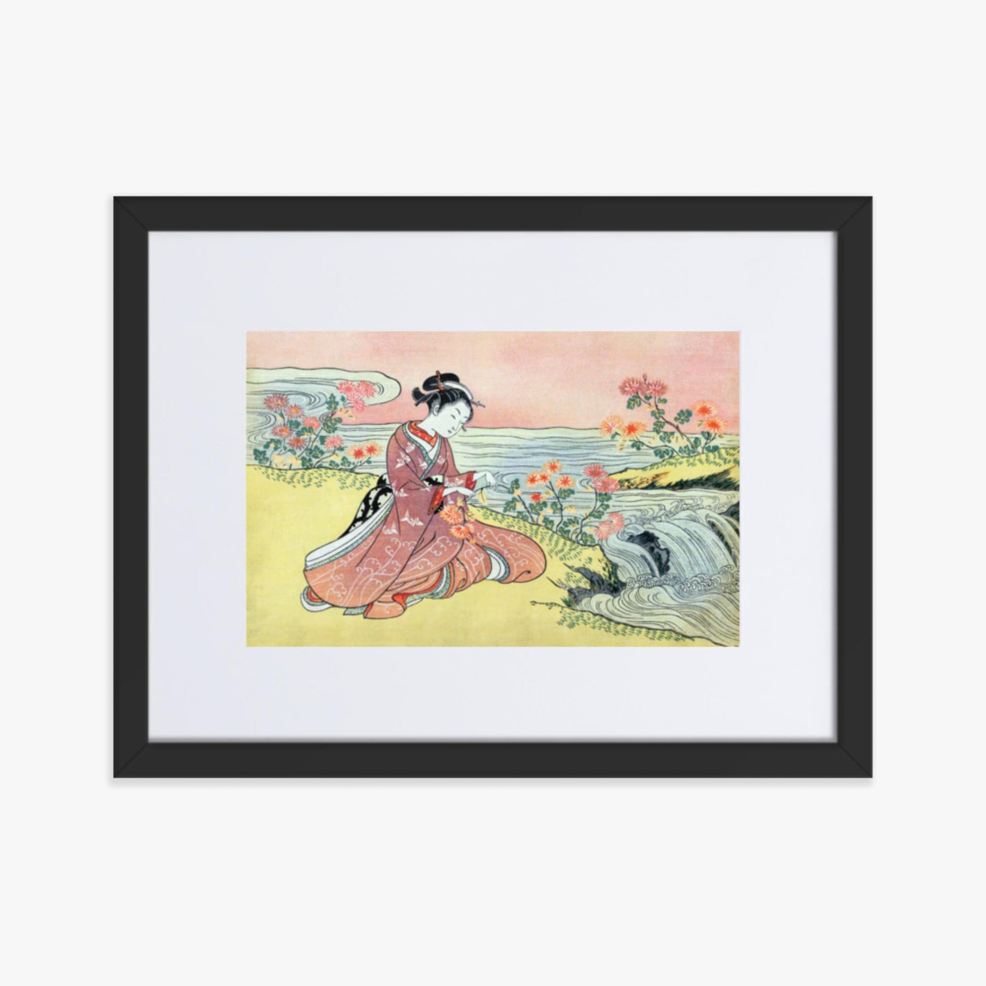 Suzuki Harunobu - Woman Picking Chrysanthemum 30x40 cm Poster With Black Frame