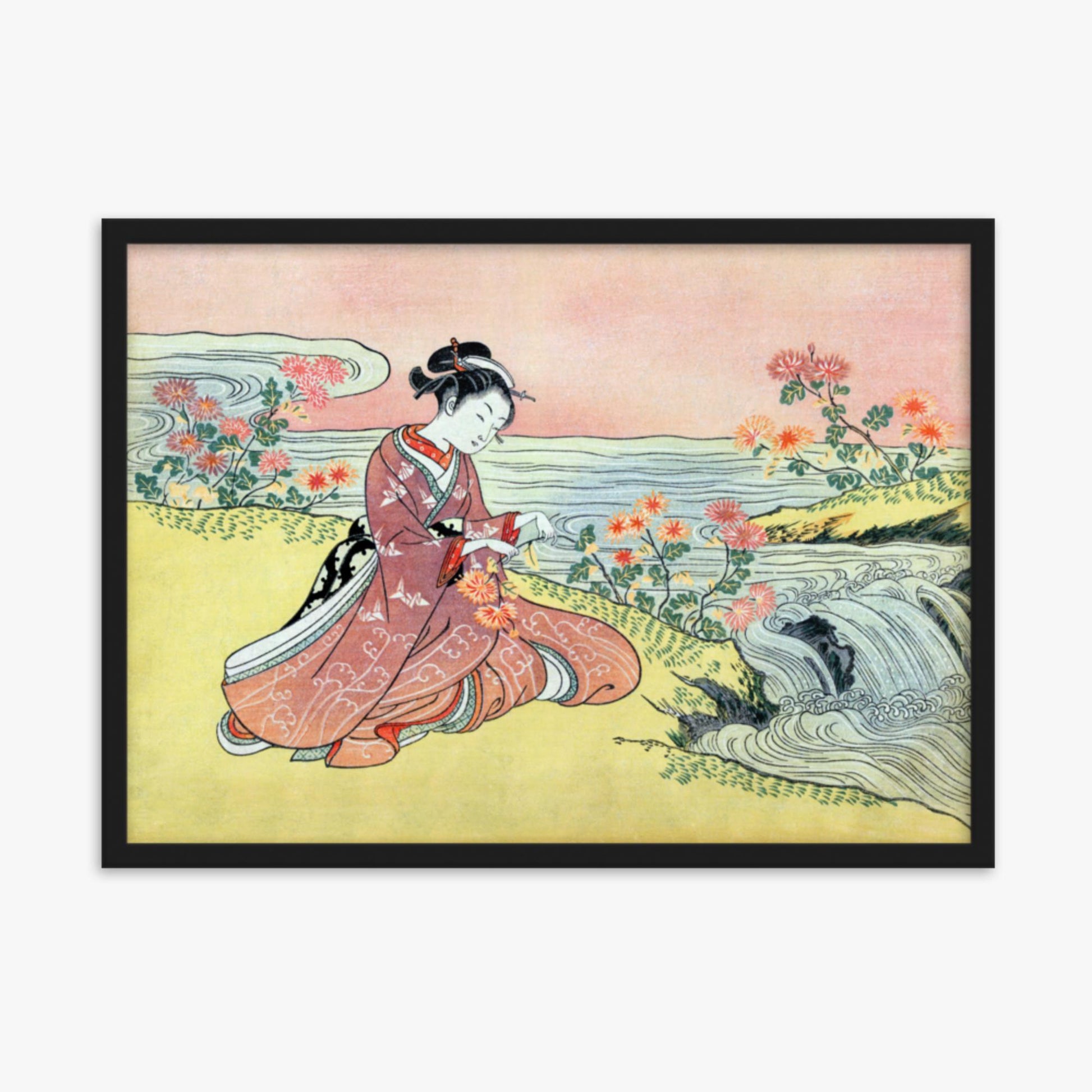 Suzuki Harunobu - Woman Picking Chrysanthemum 50x70 cm Poster With Black Frame