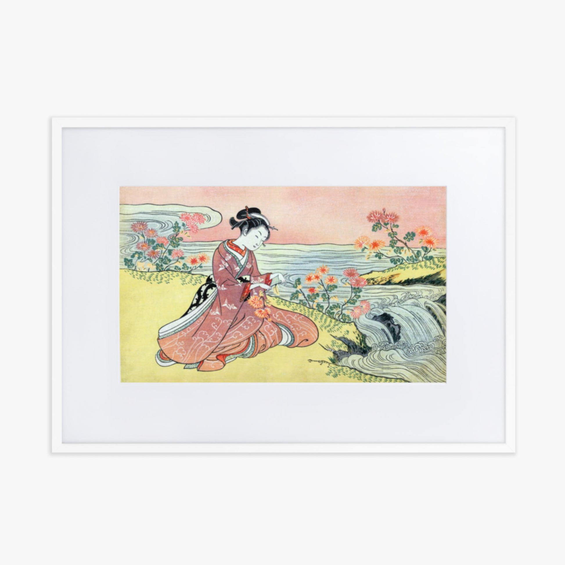 Suzuki Harunobu - Woman Picking Chrysanthemum 50x70 cm Poster With White Frame