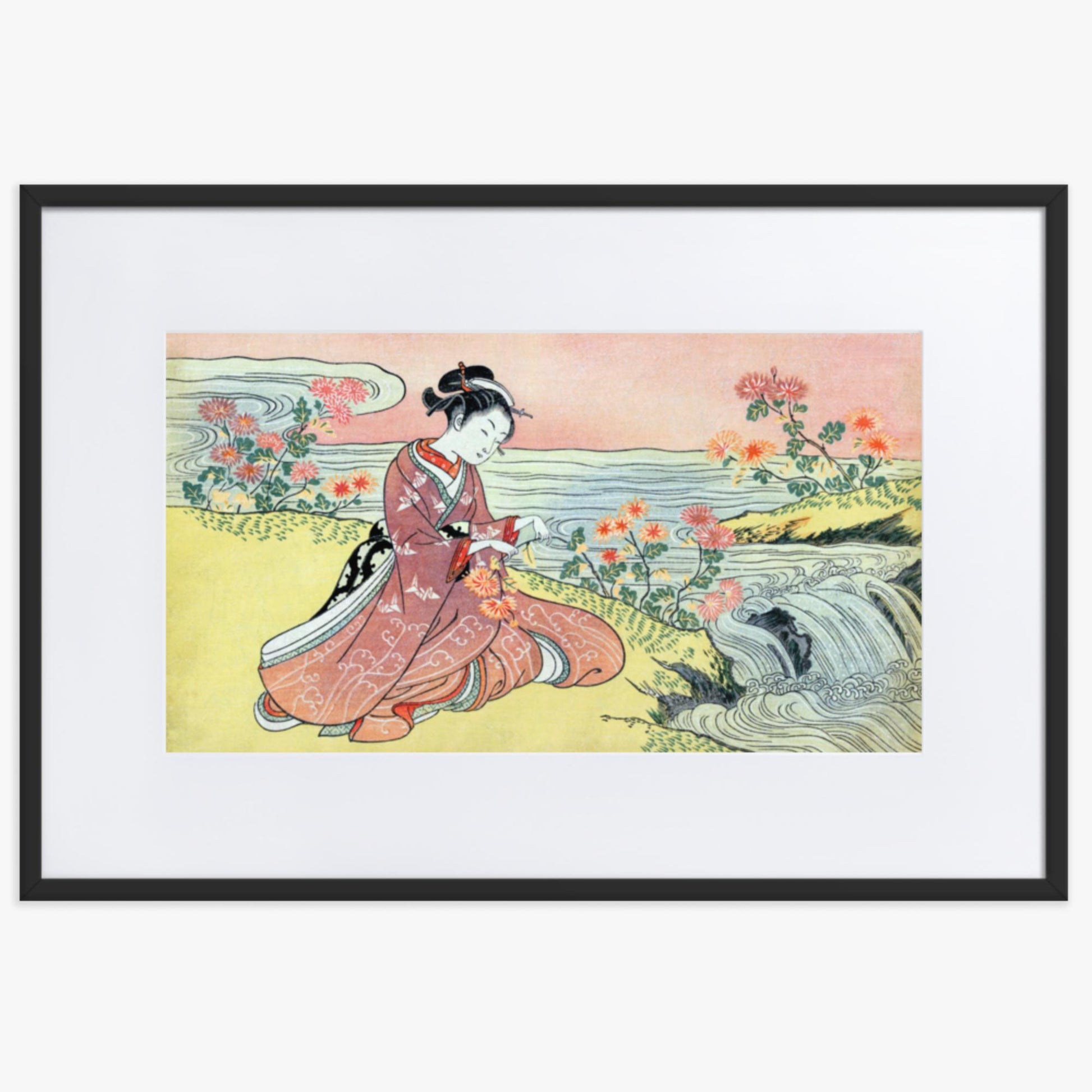 Suzuki Harunobu - Woman Picking Chrysanthemum 61x91 cm Poster With Black Frame