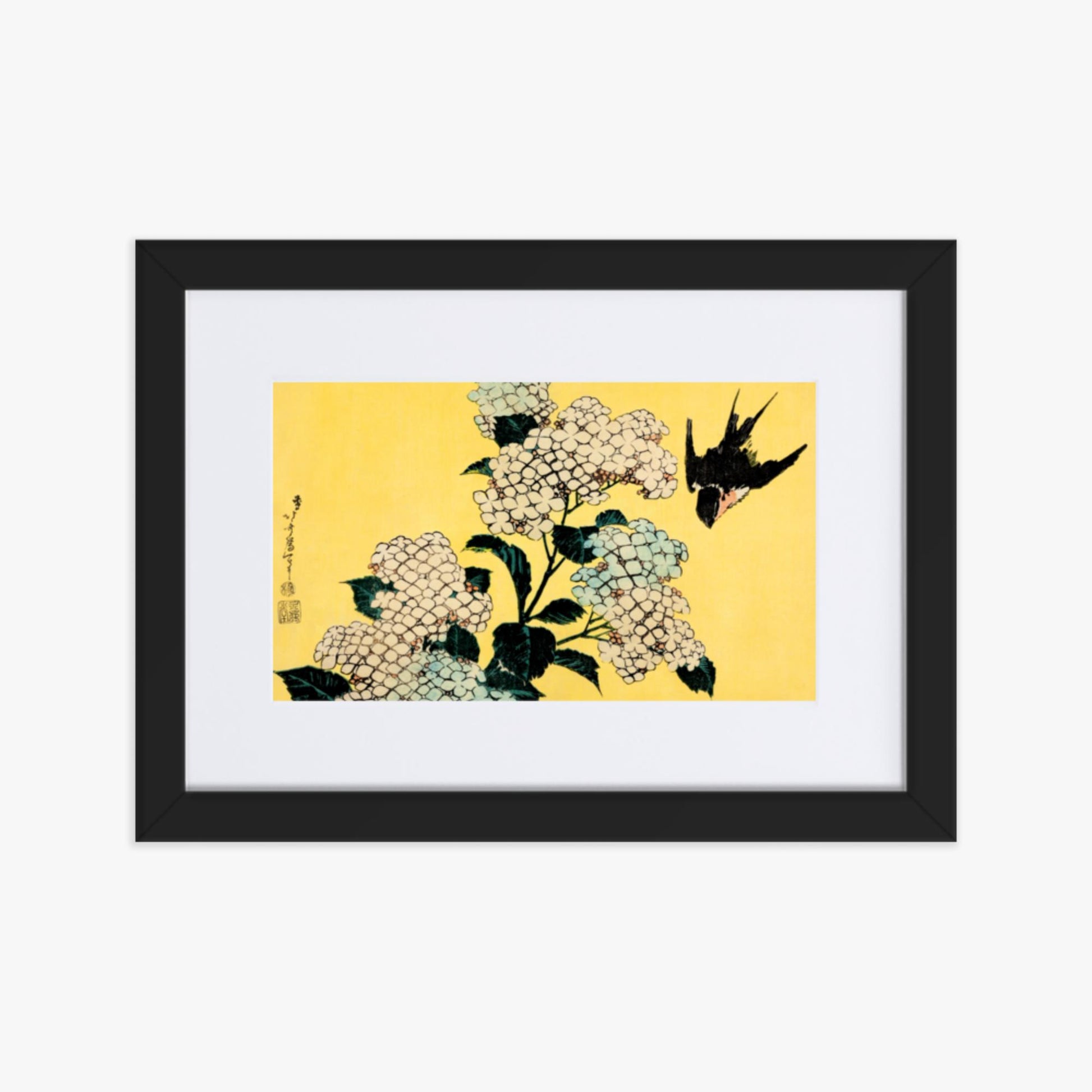 Katsushika Hokusai - Hydrangea and Swallow 21x30 cm Poster With Black Frame