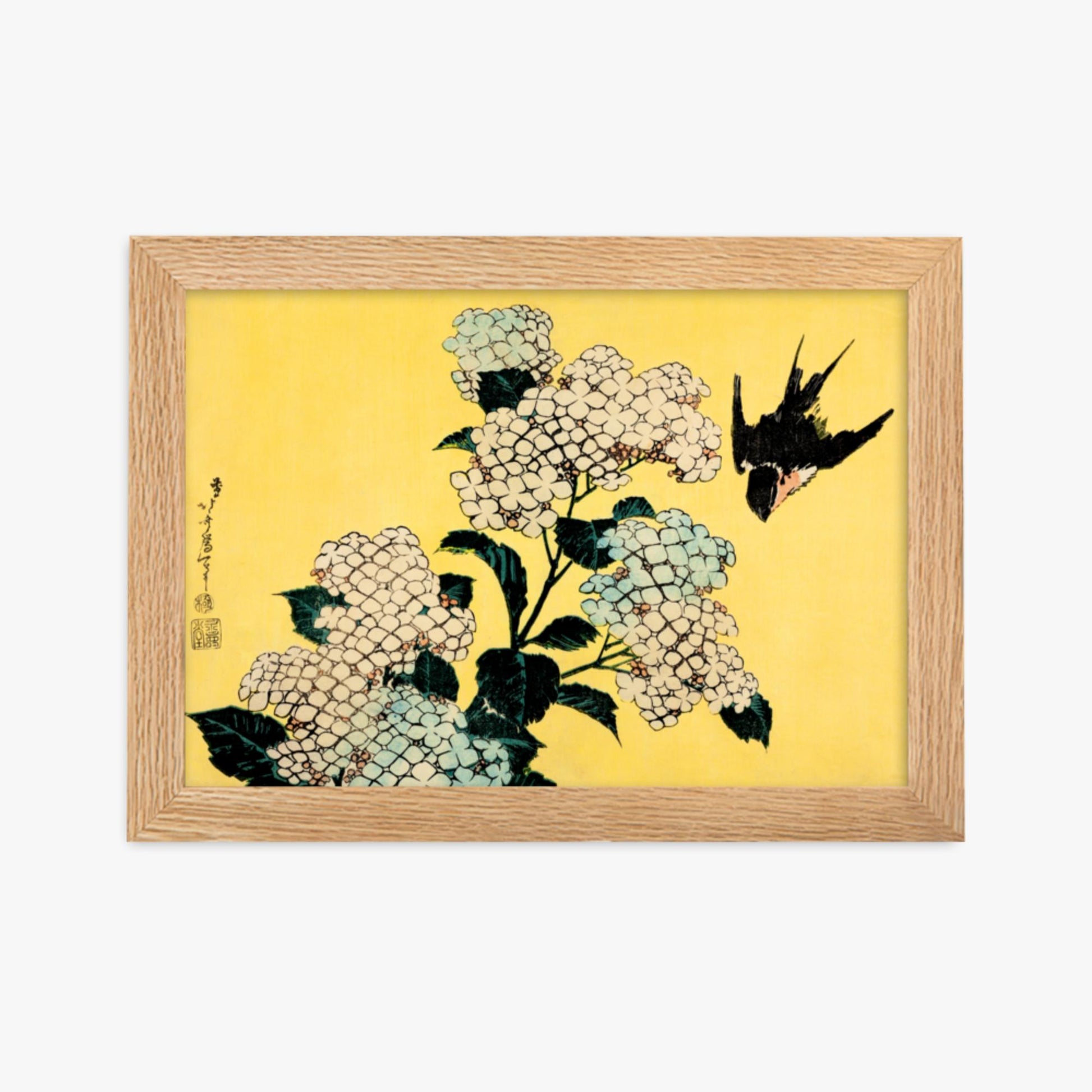 Katsushika Hokusai - Hydrangea and Swallow 21x30 cm Poster With Oak Frame