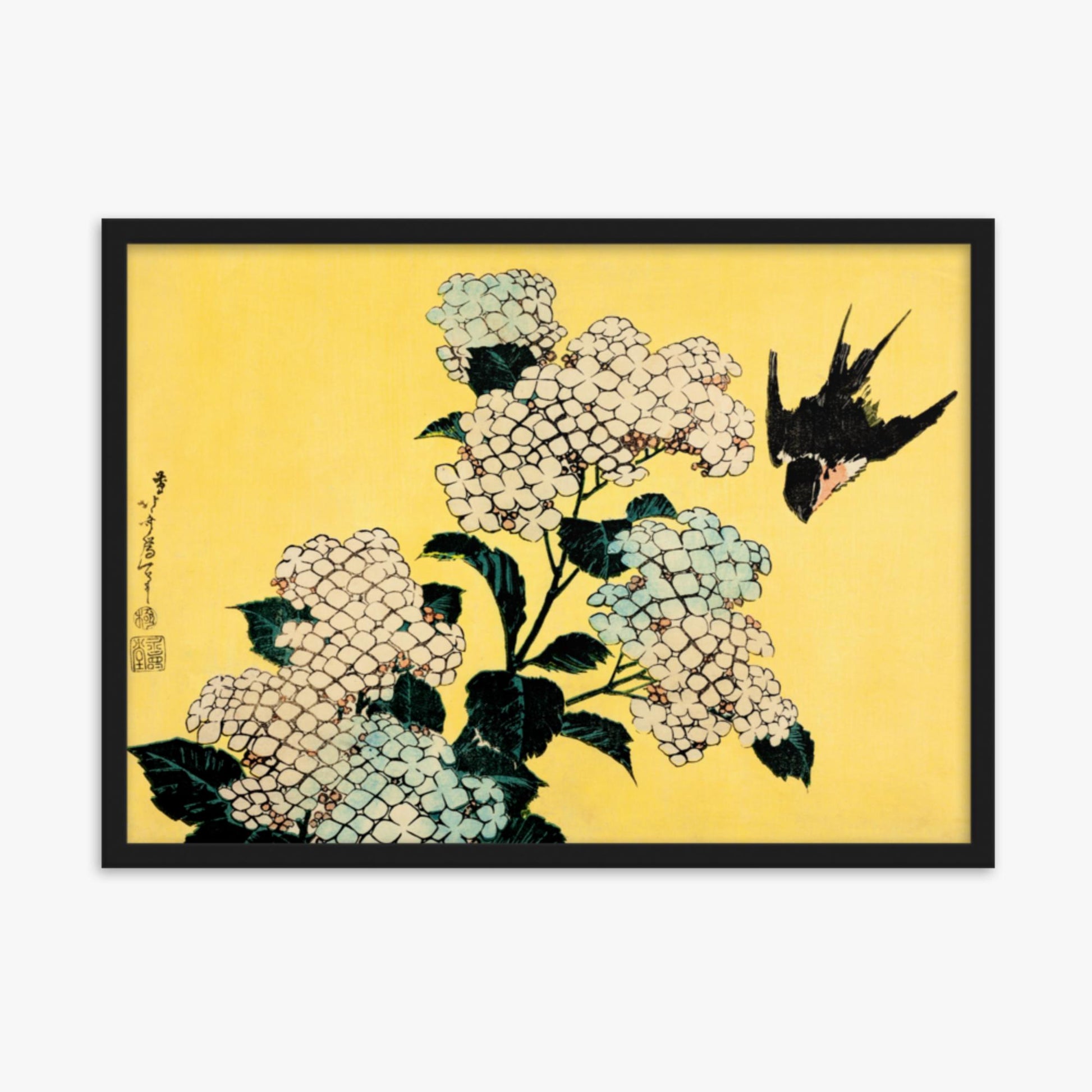 Katsushika Hokusai - Hydrangea and Swallow 50x70 cm Poster With Black Frame