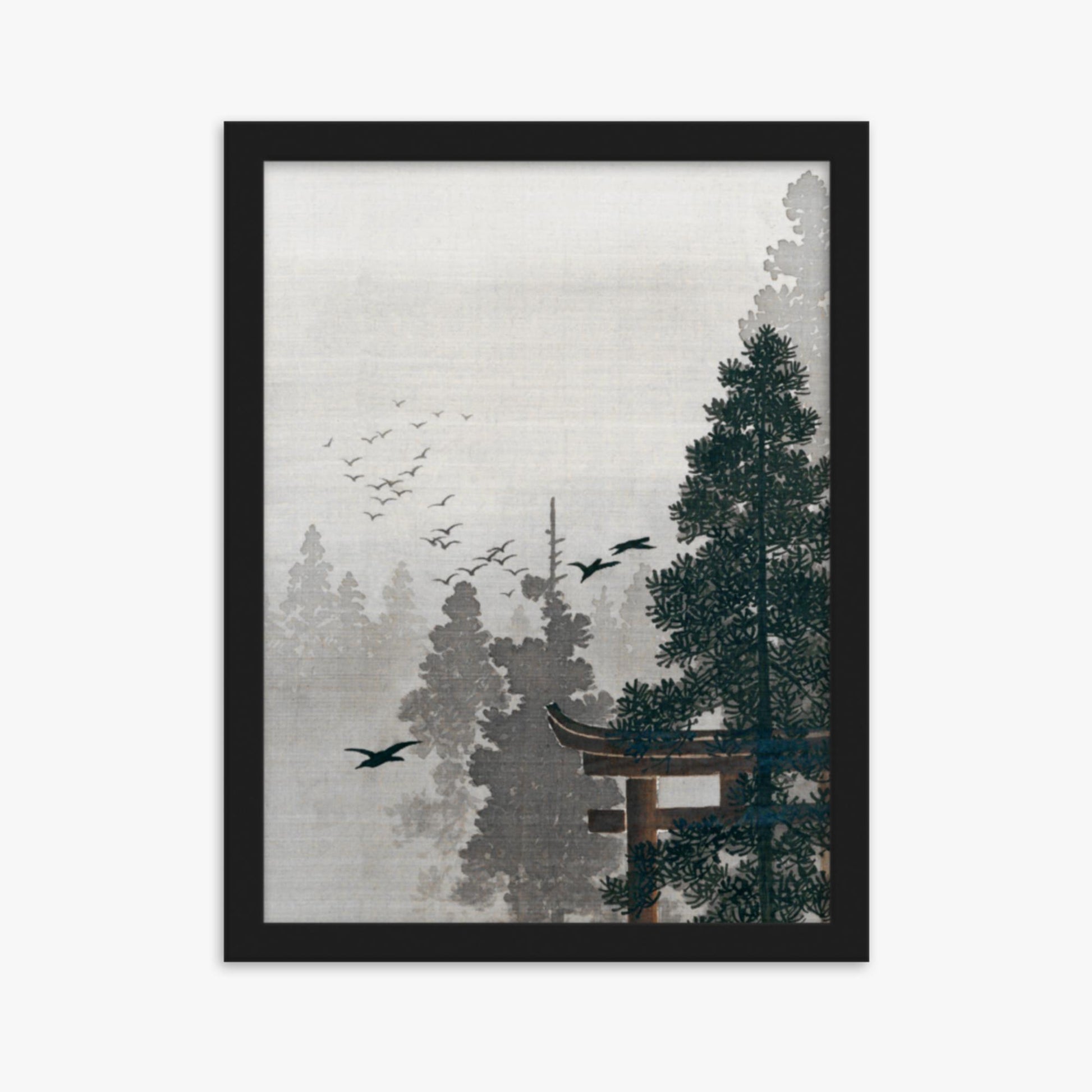 Ohara Koson - Flock of Birds and a Torii Gate in a Pine Tree Forest 30x40 cm Poster With Black Frame