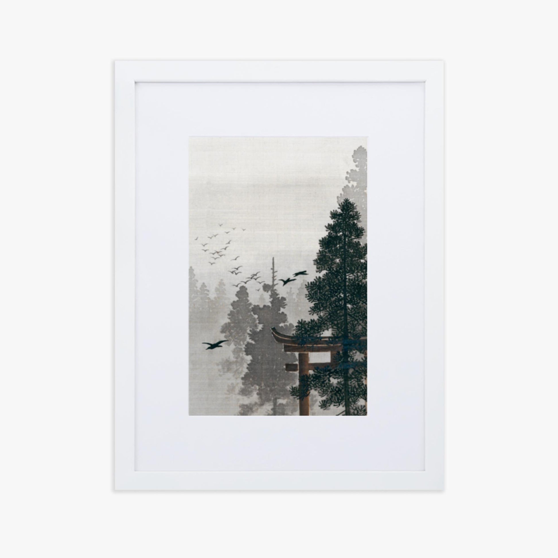 Ohara Koson - Flock of Birds and a Torii Gate in a Pine Tree Forest 30x40 cm Poster With White Frame