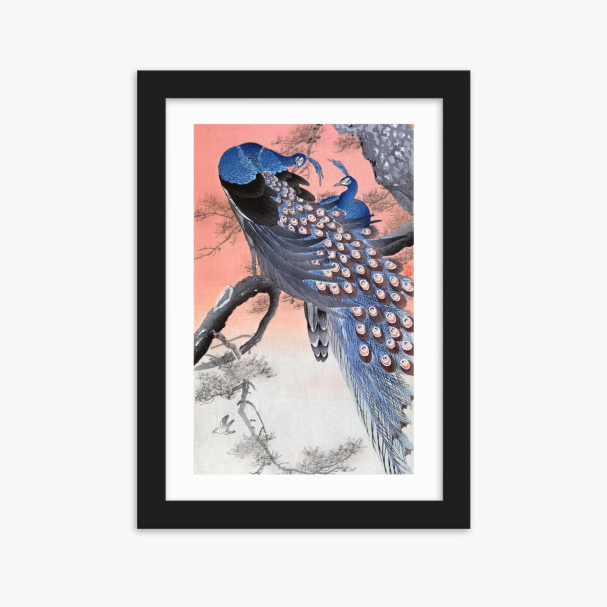 Ohara Koson - Two Peacocks on Tree Branch 21x30 cm Poster With Black Frame