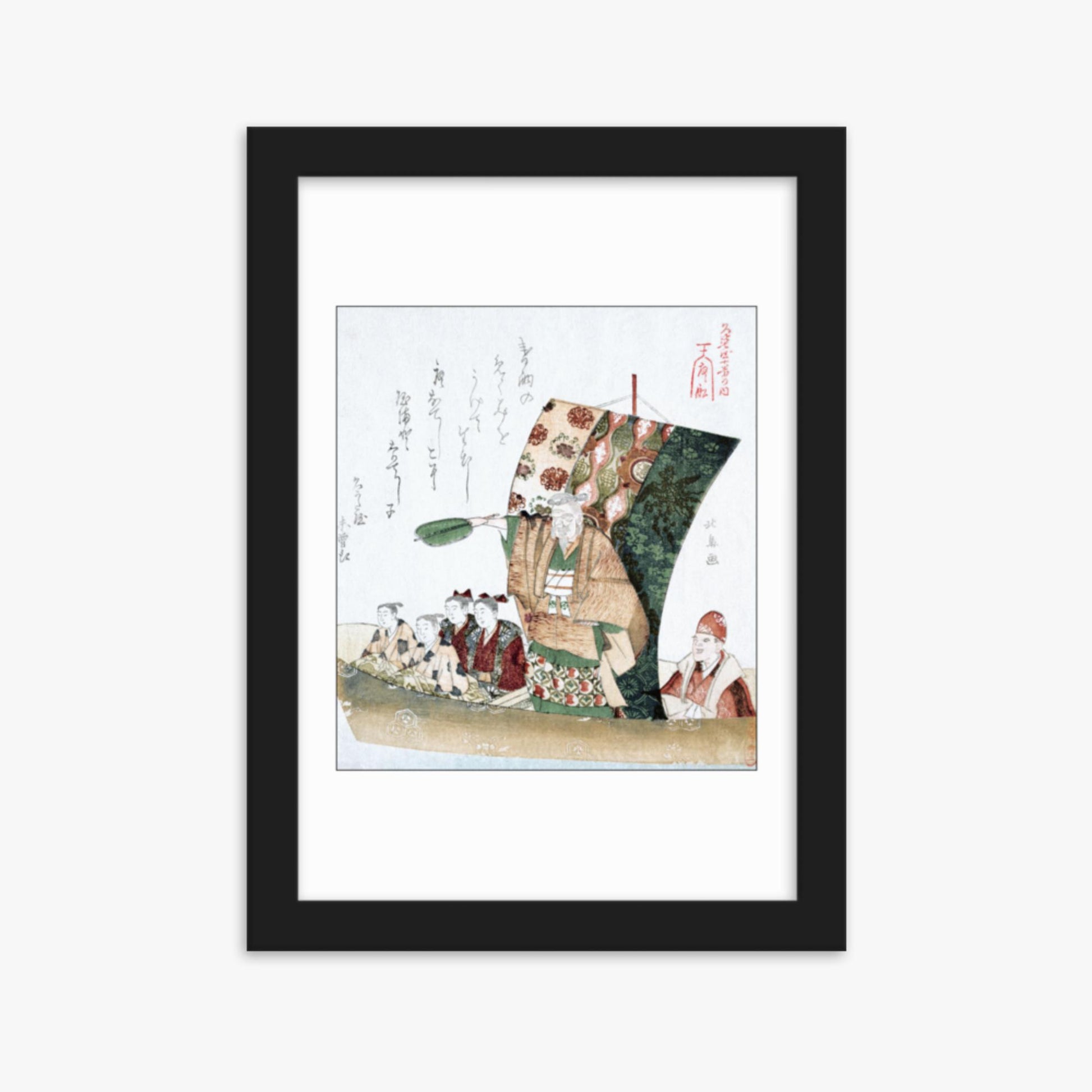 Teisai Hokuba - Boat of Good Fortune 21x30 cm Poster With Black Frame