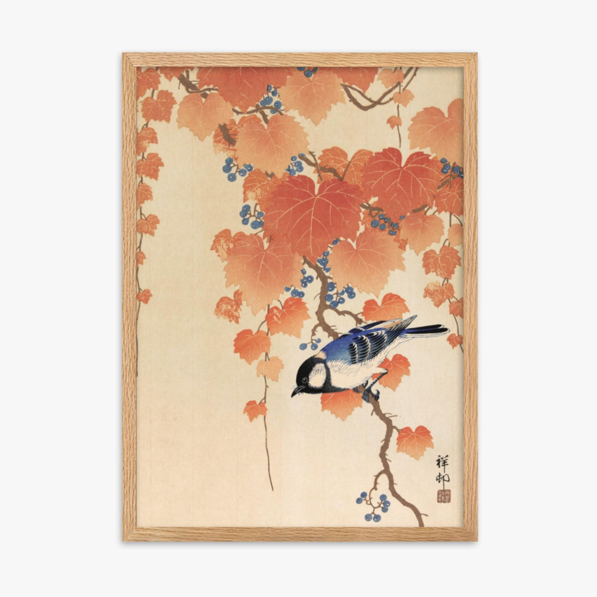 Ohara Koson - Great tit on paulownia branch 50x70 cm Poster With Oak Frame