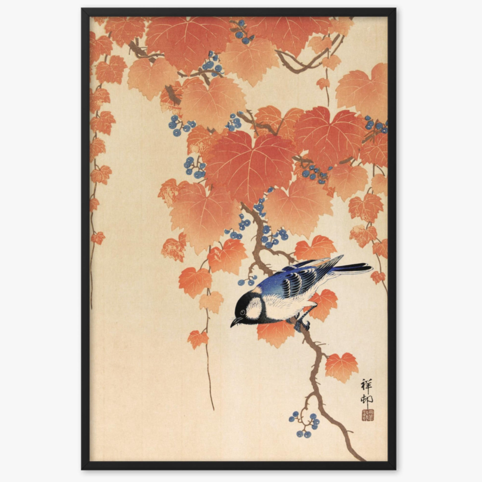 Ohara Koson - Great tit on paulownia branch 61x91 cm Poster With Black Frame