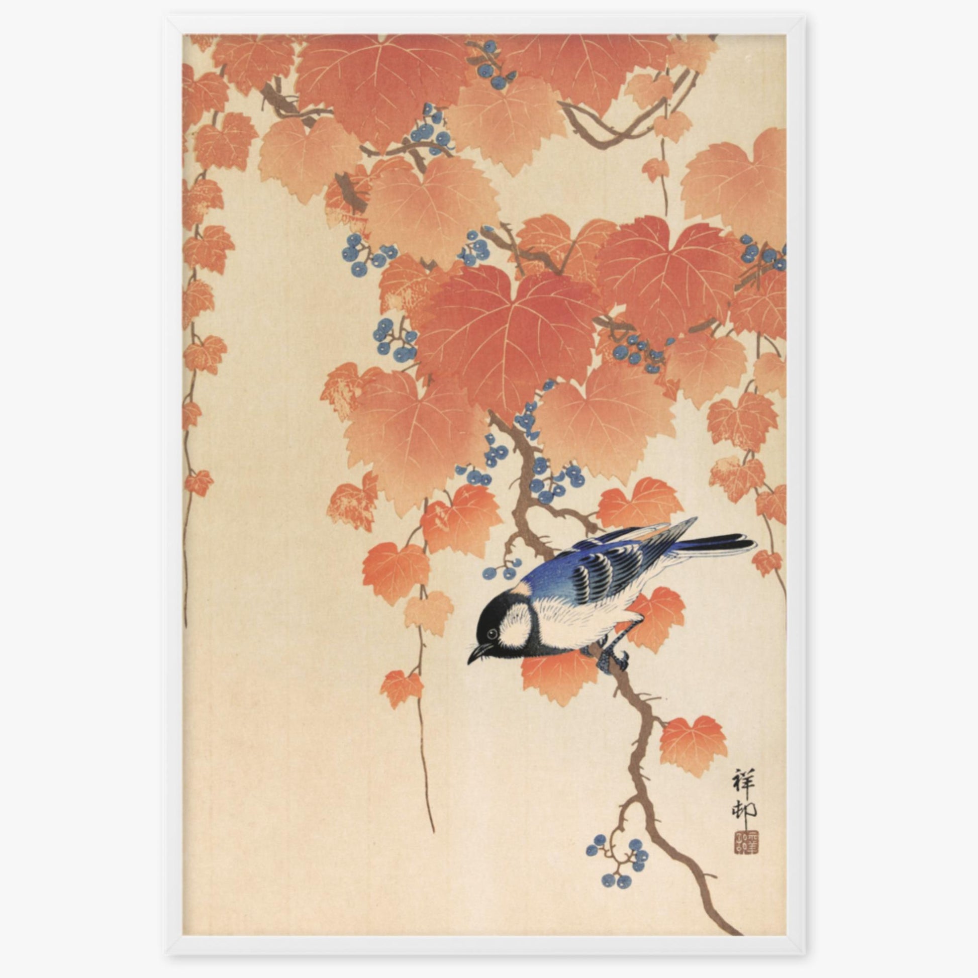 Ohara Koson - Great tit on paulownia branch 61x91 cm Poster With White Frame