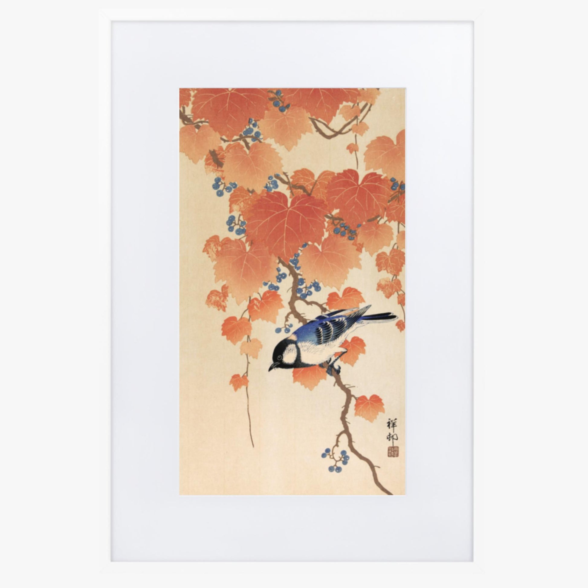 Ohara Koson - Great tit on paulownia branch 61x91 cm Poster With White Frame