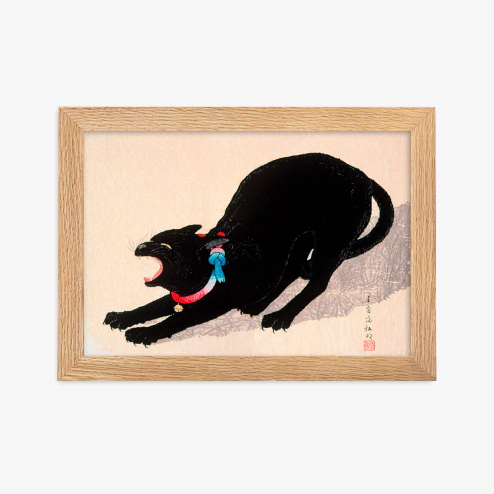 Takahashi Hiroaki (Shōtei) - Black Cat Hissing 21x30 cm Poster With Oak Frame