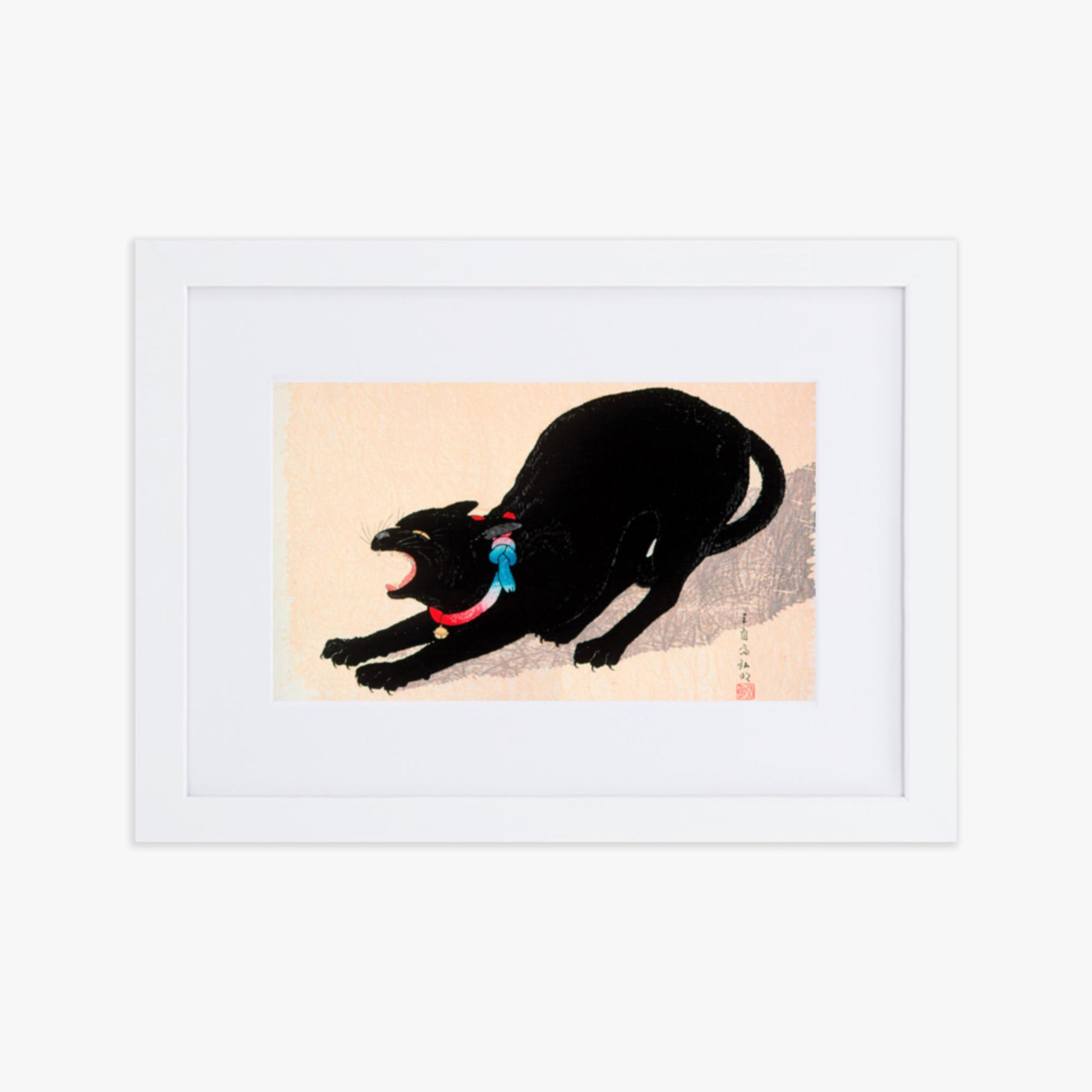 Takahashi Hiroaki (Shōtei) - Black Cat Hissing 21x30 cm Poster With White Frame