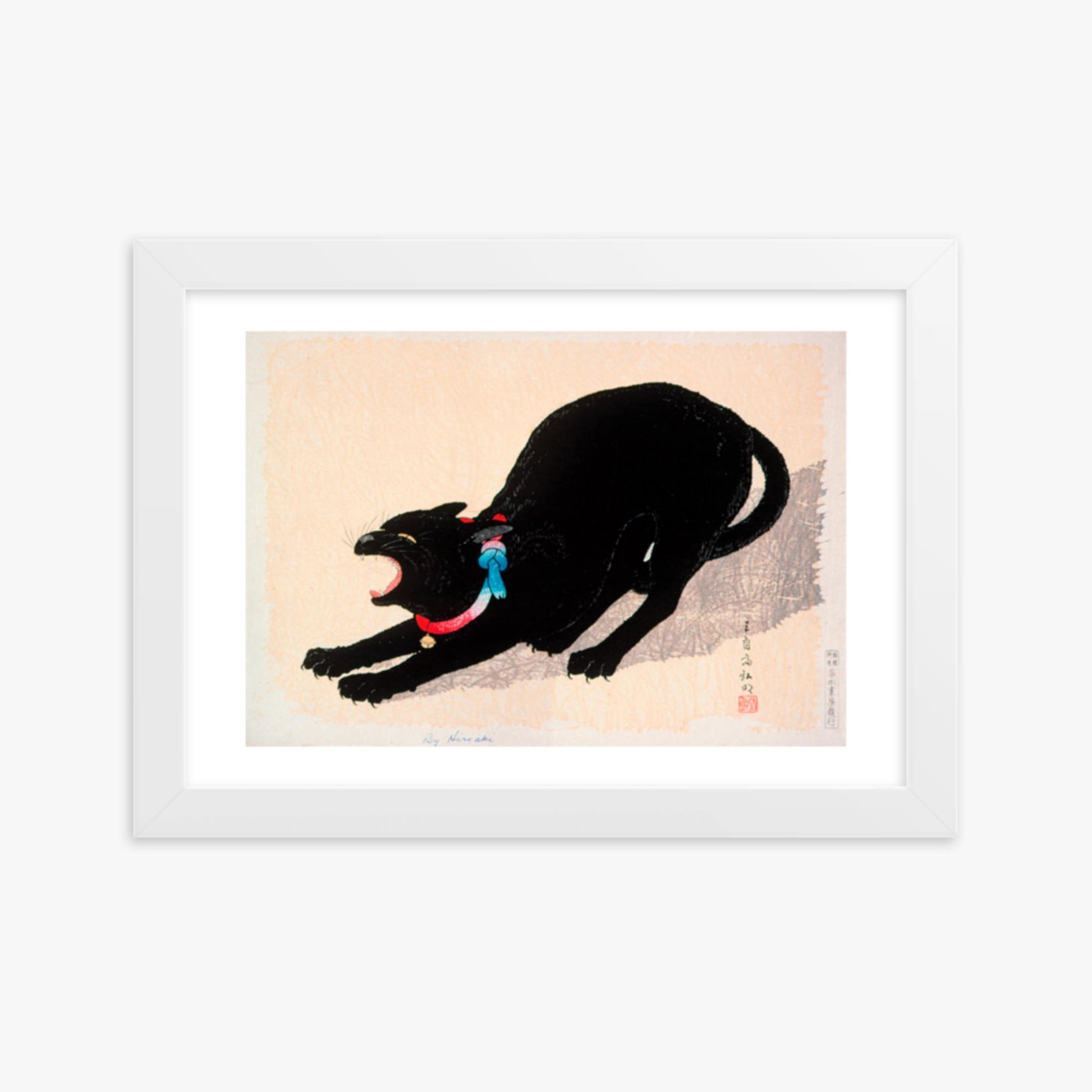 Takahashi Hiroaki (Shōtei) - Black Cat Hissing 21x30 cm Poster With White Frame