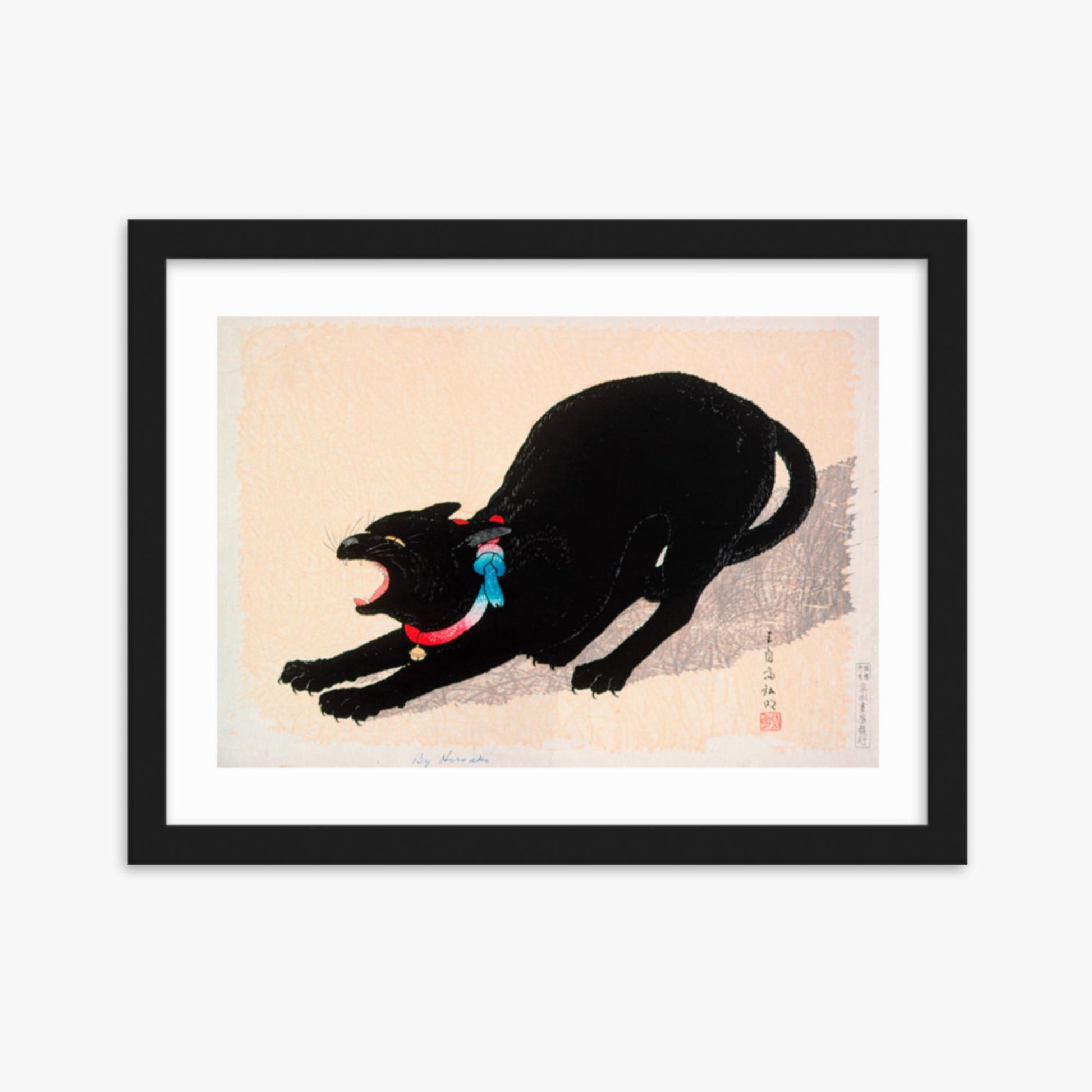 Takahashi Hiroaki (Shōtei) - Black Cat Hissing 30x40 cm Poster With Black Frame