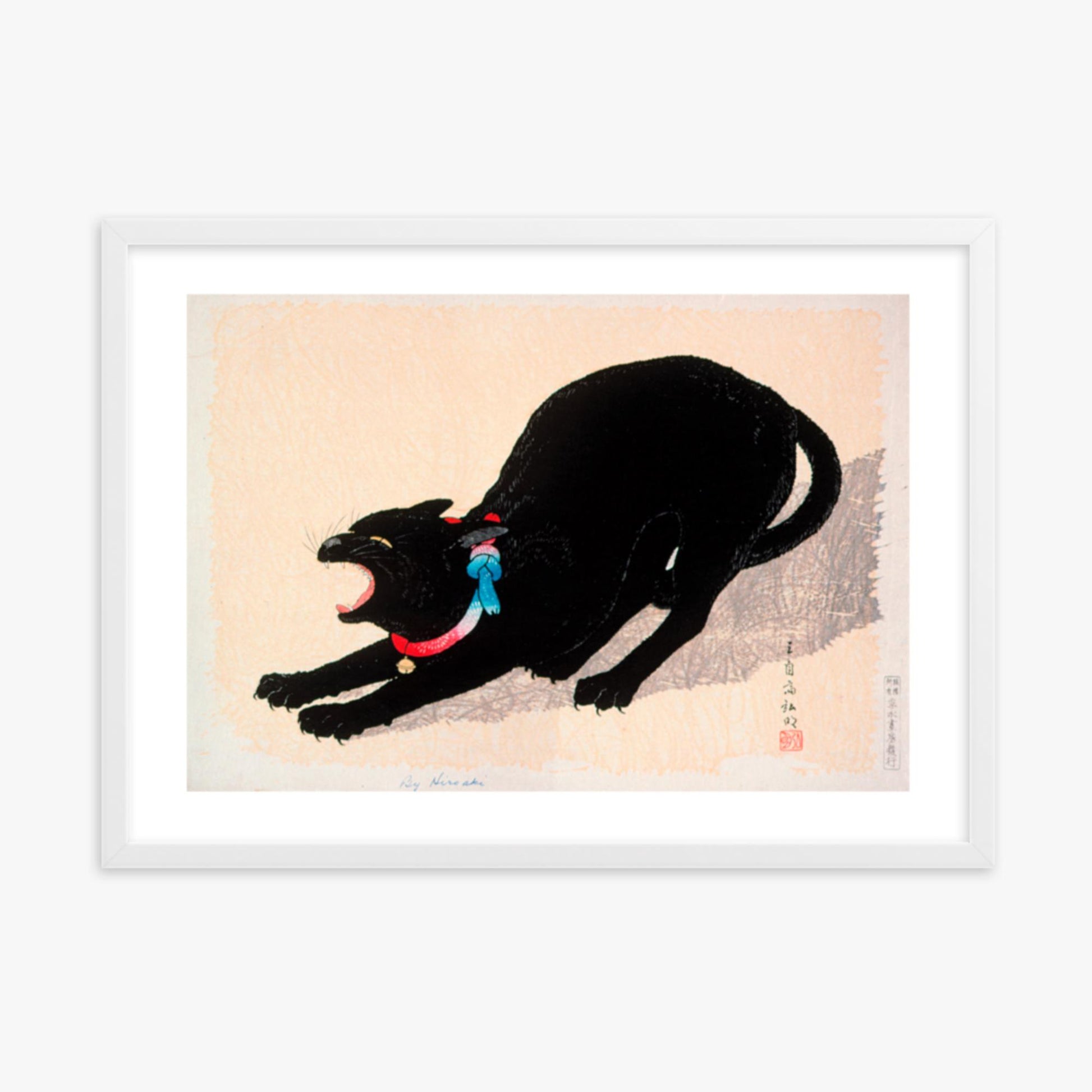 Takahashi Hiroaki (Shōtei) - Black Cat Hissing 50x70 cm Poster With White Frame