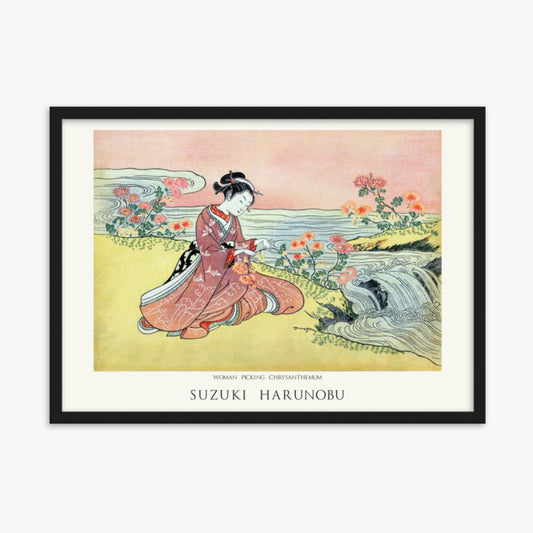 Suzuki Harunobu - Woman Picking Chrysanthemum - Decoration 50x70 cm Poster With Black Frame