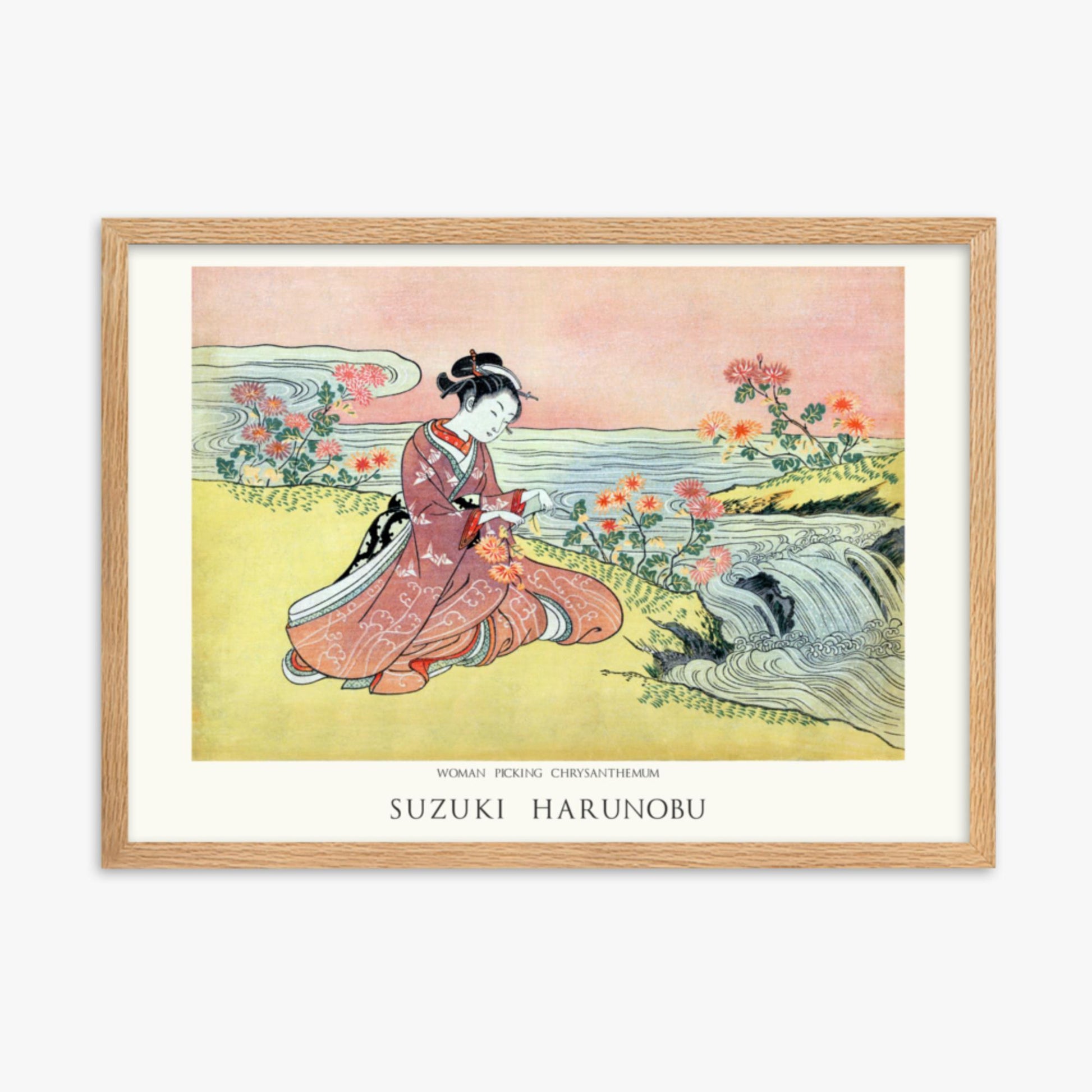 Suzuki Harunobu - Woman Picking Chrysanthemum - Decoration 50x70 cm Poster With Oak Frame