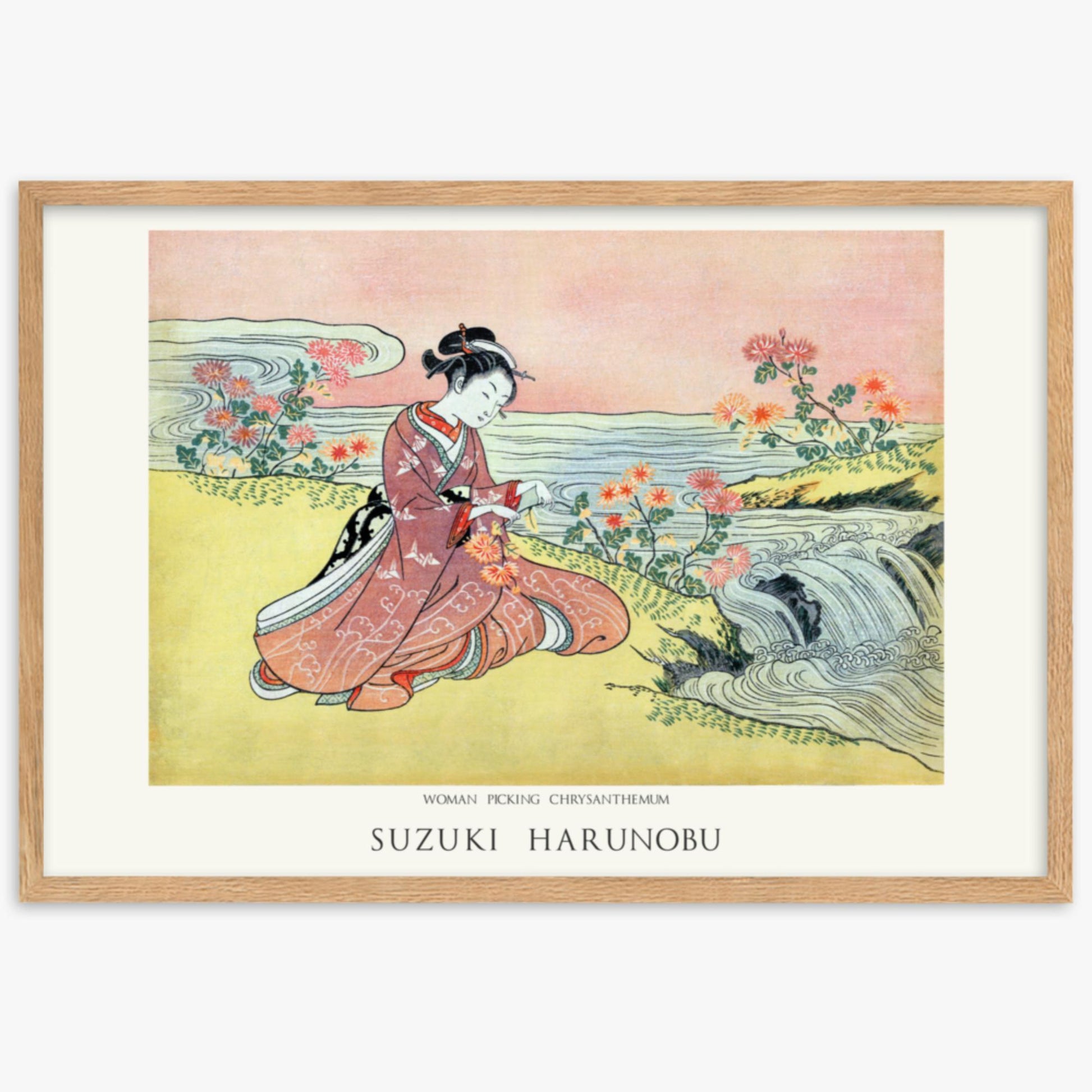 Suzuki Harunobu - Woman Picking Chrysanthemum - Decoration 61x91 cm Poster With Oak Frame