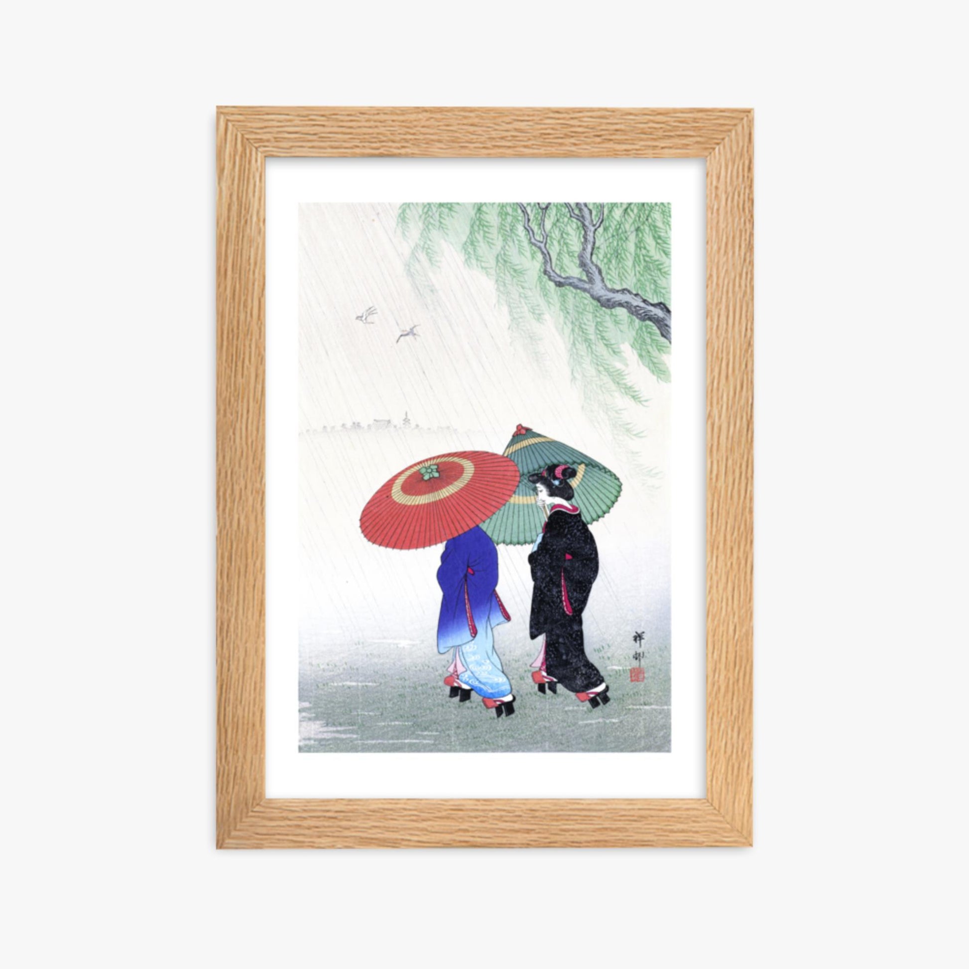 Ohara Koson - Two Women in the Rain 21x30 cm Poster With Oak Frame