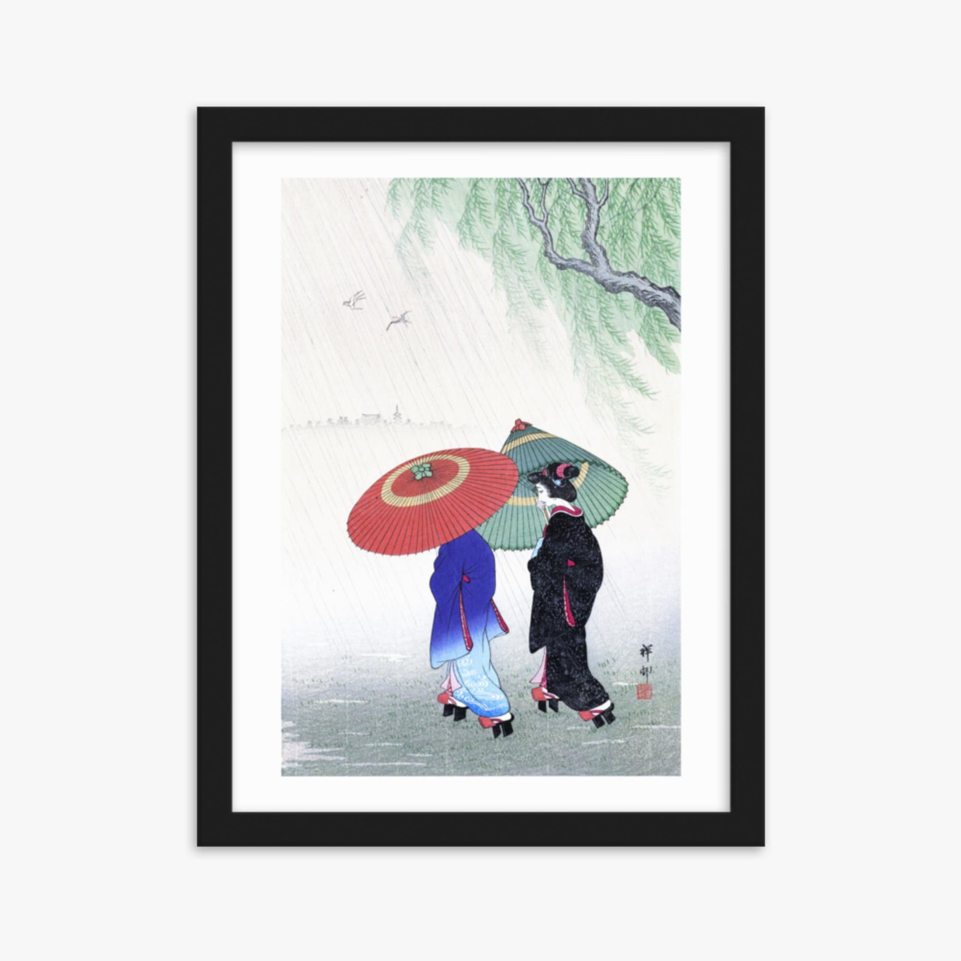 Ohara Koson - Two Women in the Rain 30x40 cm Poster With Black Frame