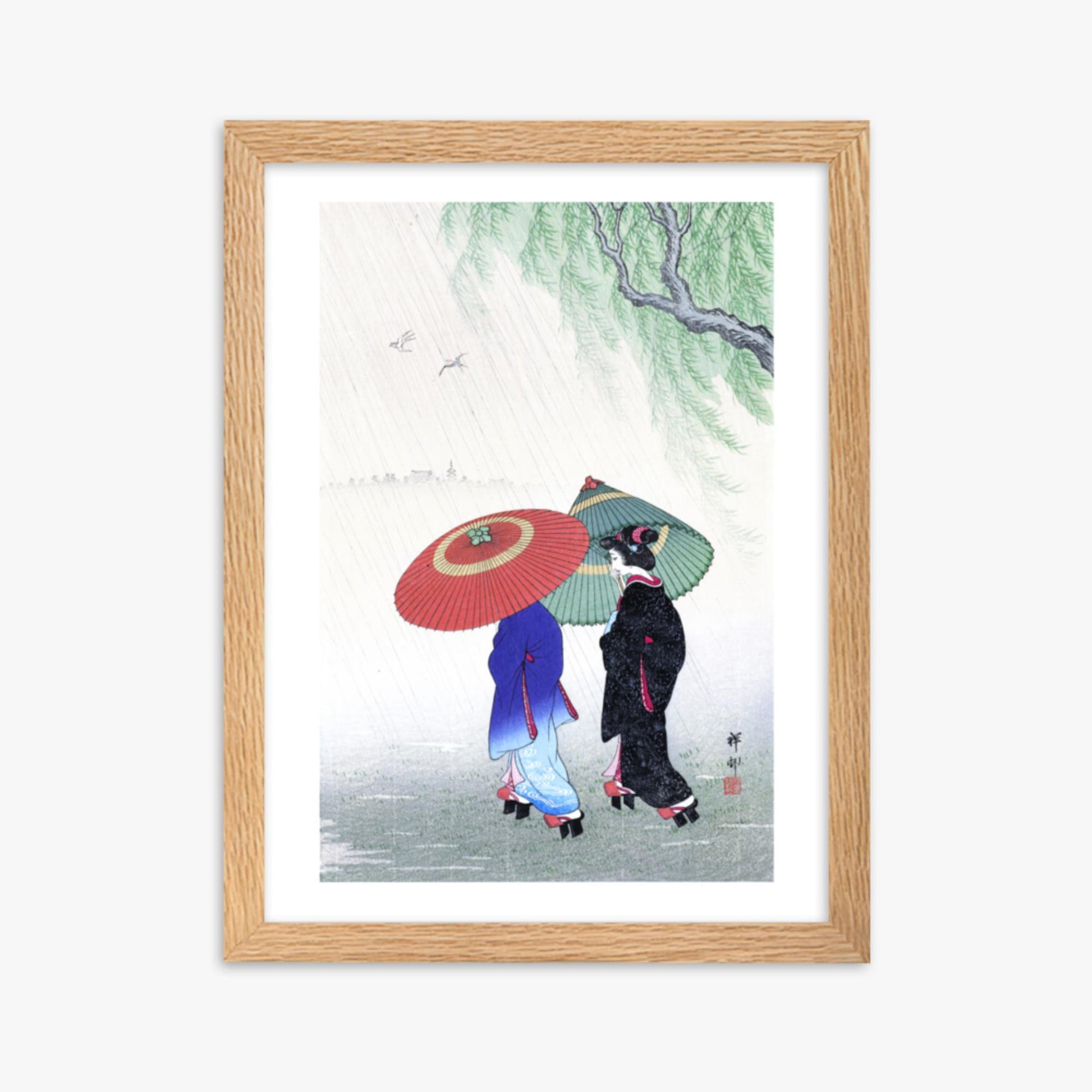 Ohara Koson - Two Women in the Rain 30x40 cm Poster With Oak Frame