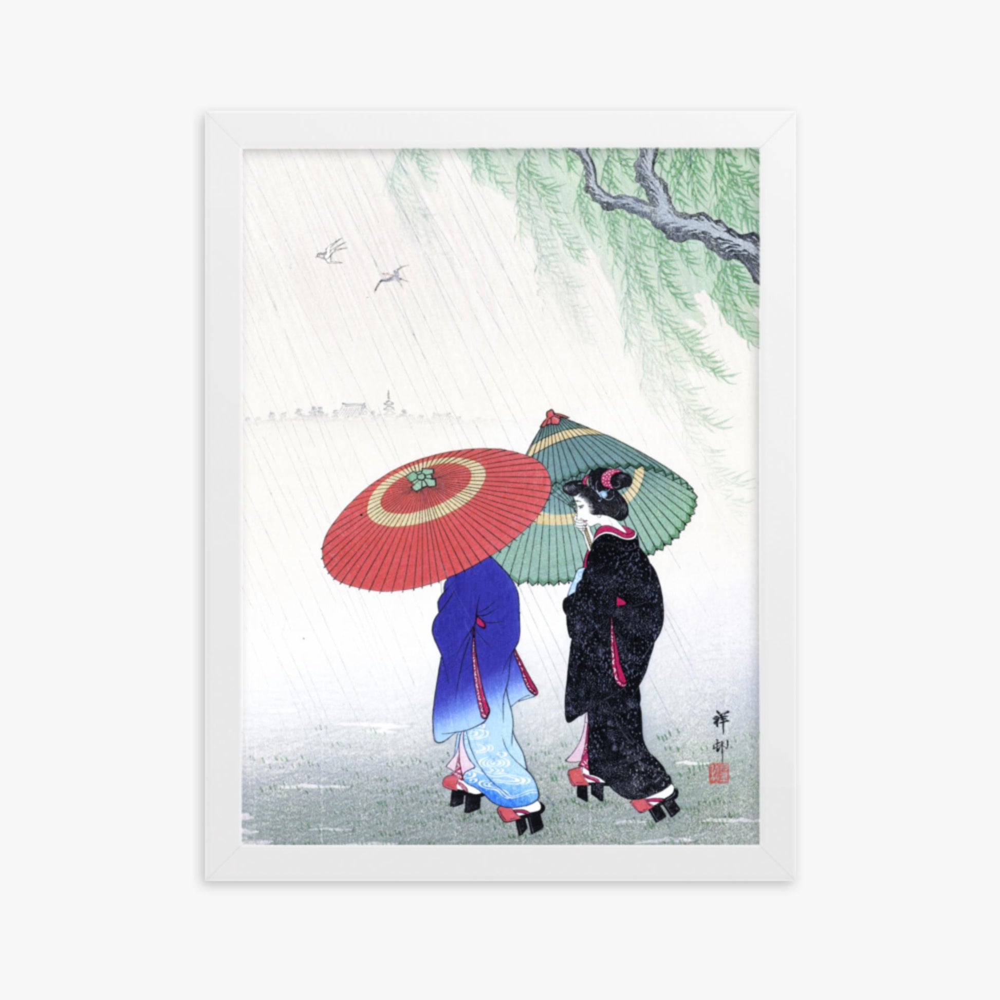 Ohara Koson - Two Women in the Rain 30x40 cm Poster With White Frame