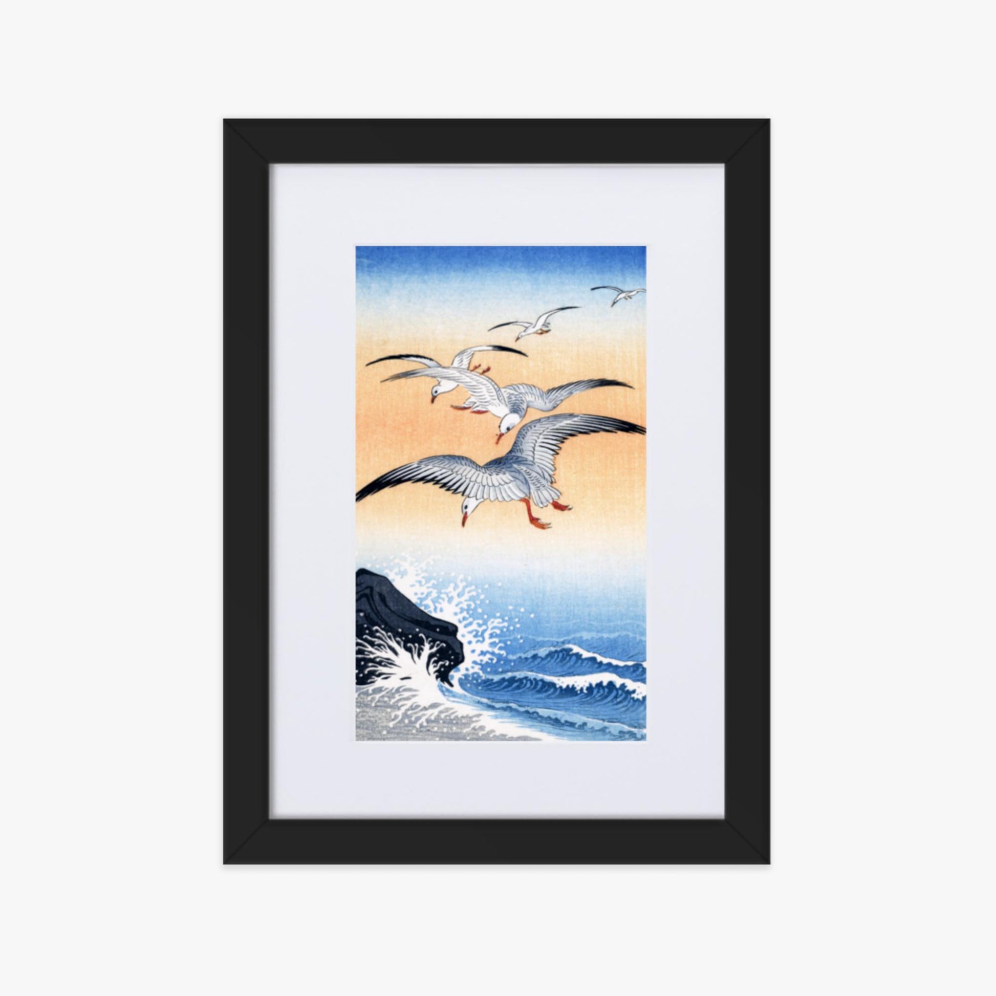 Ohara Koson - Five Seagulls Above Turbulent Sea 21x30 cm Poster With Black Frame