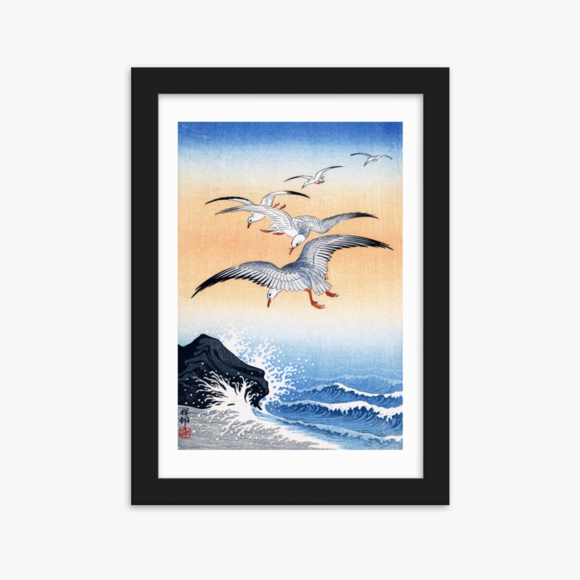 Ohara Koson - Five Seagulls Above Turbulent Sea 21x30 cm Poster With Black Frame