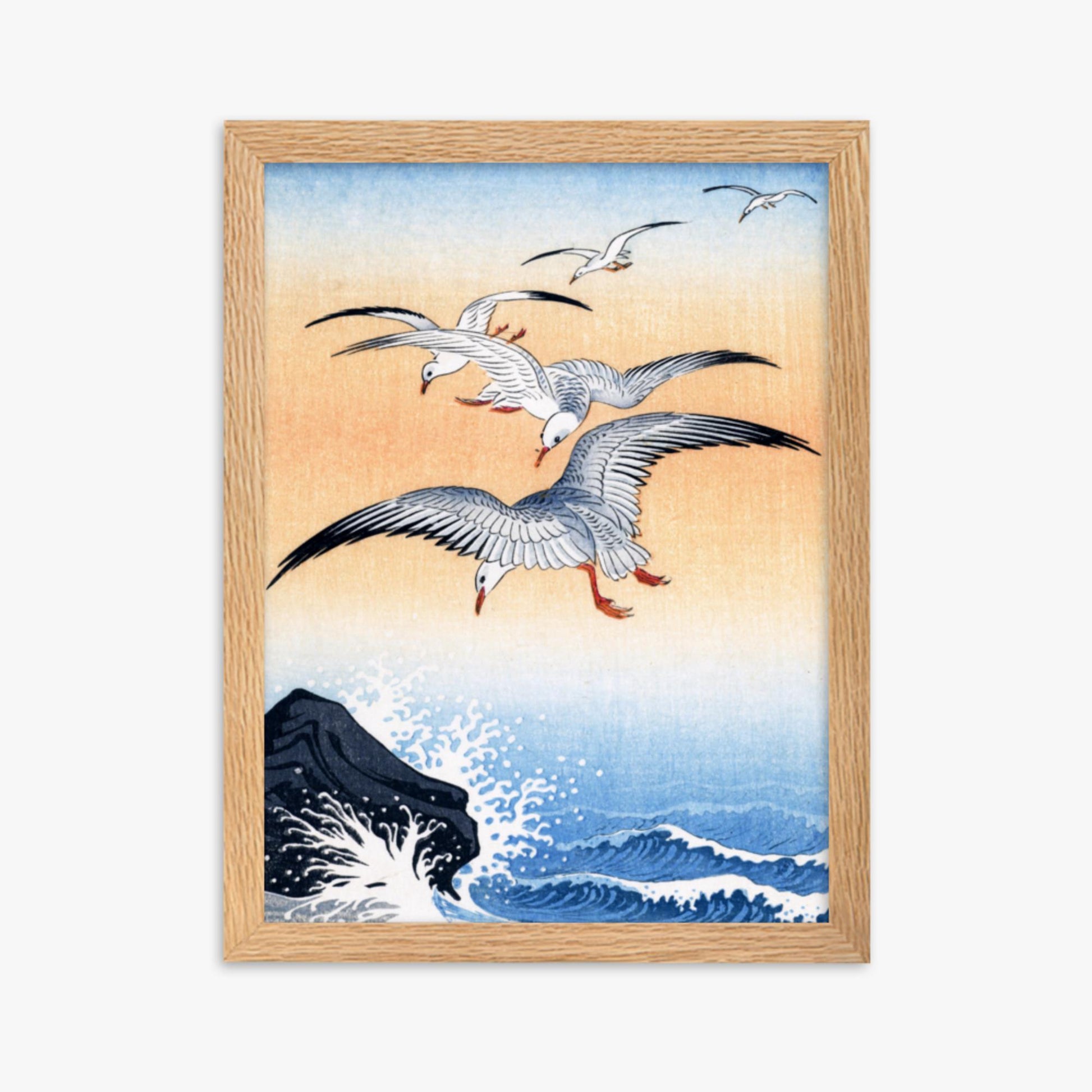 Ohara Koson - Five Seagulls Above Turbulent Sea 30x40 cm Poster With Oak Frame