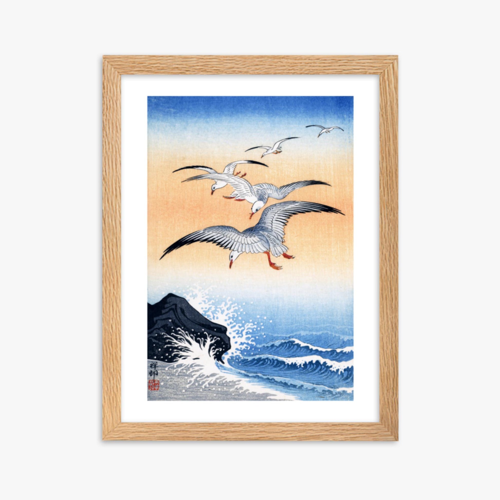 Ohara Koson - Five Seagulls Above Turbulent Sea 30x40 cm Poster With Oak Frame