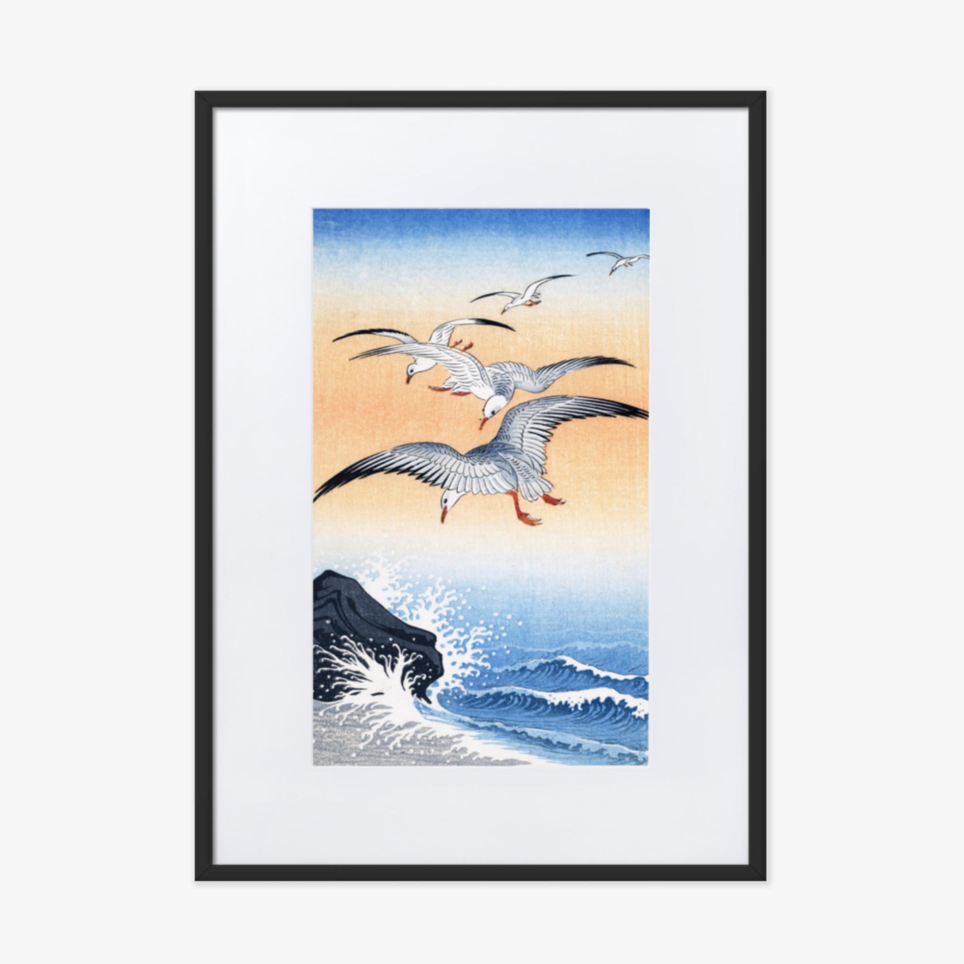 Ohara Koson - Five Seagulls Above Turbulent Sea 50x70 cm Poster With Black Frame