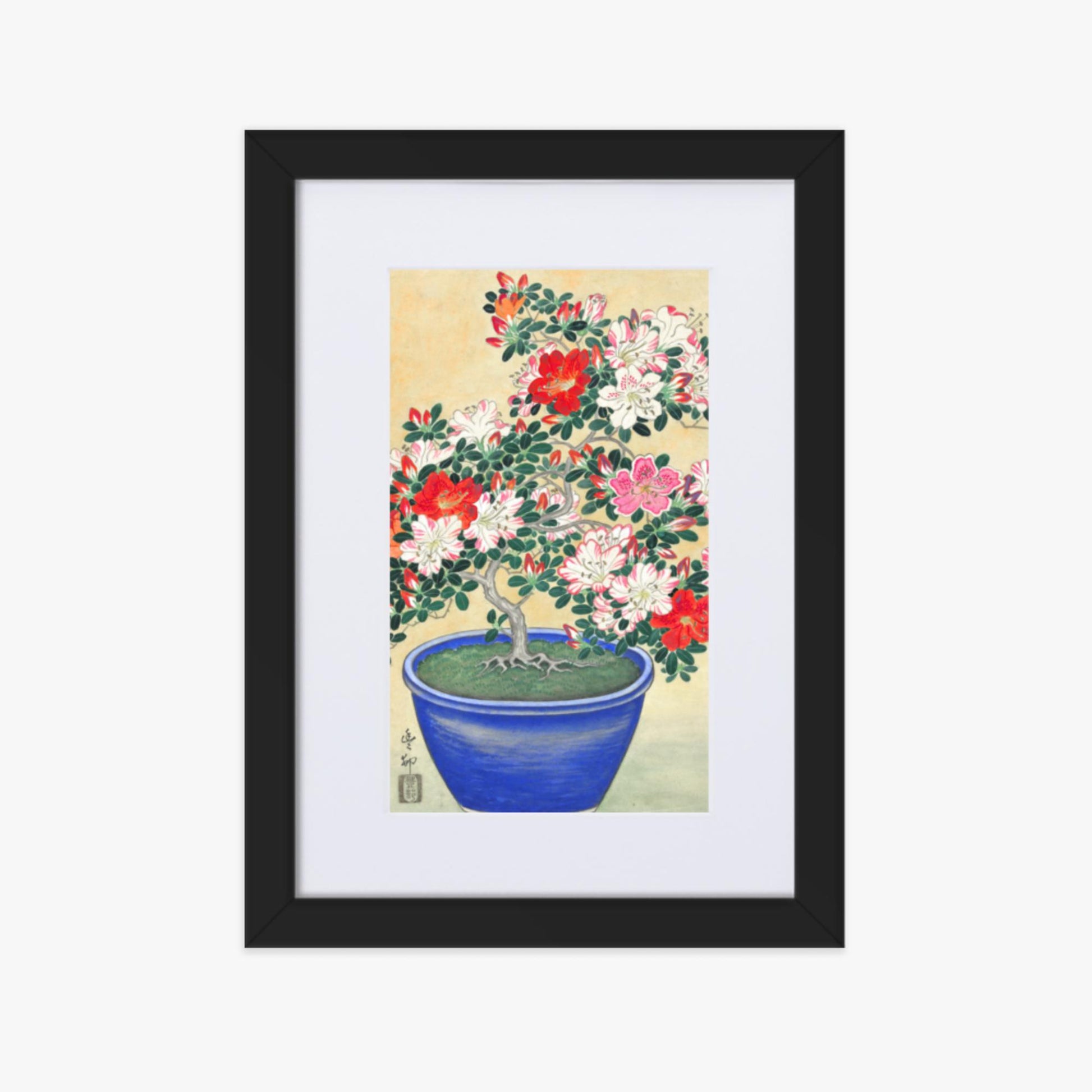 Ohara Koson - Blooming Azalea in Blue Pot 21x30 cm Poster With Black Frame