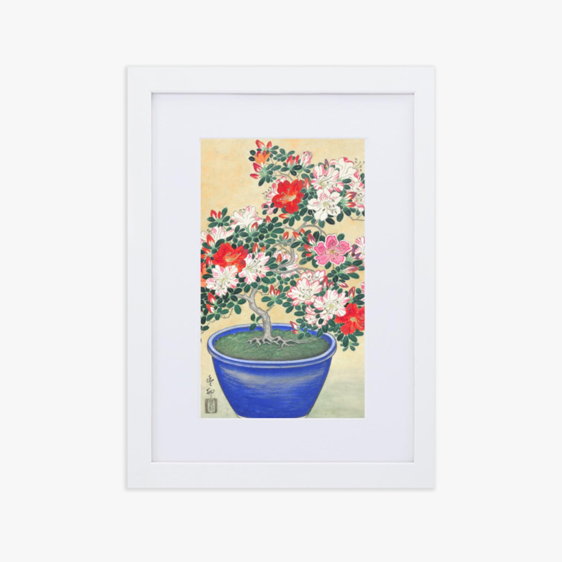 Ohara Koson - Blooming Azalea in Blue Pot 21x30 cm Poster With White Frame