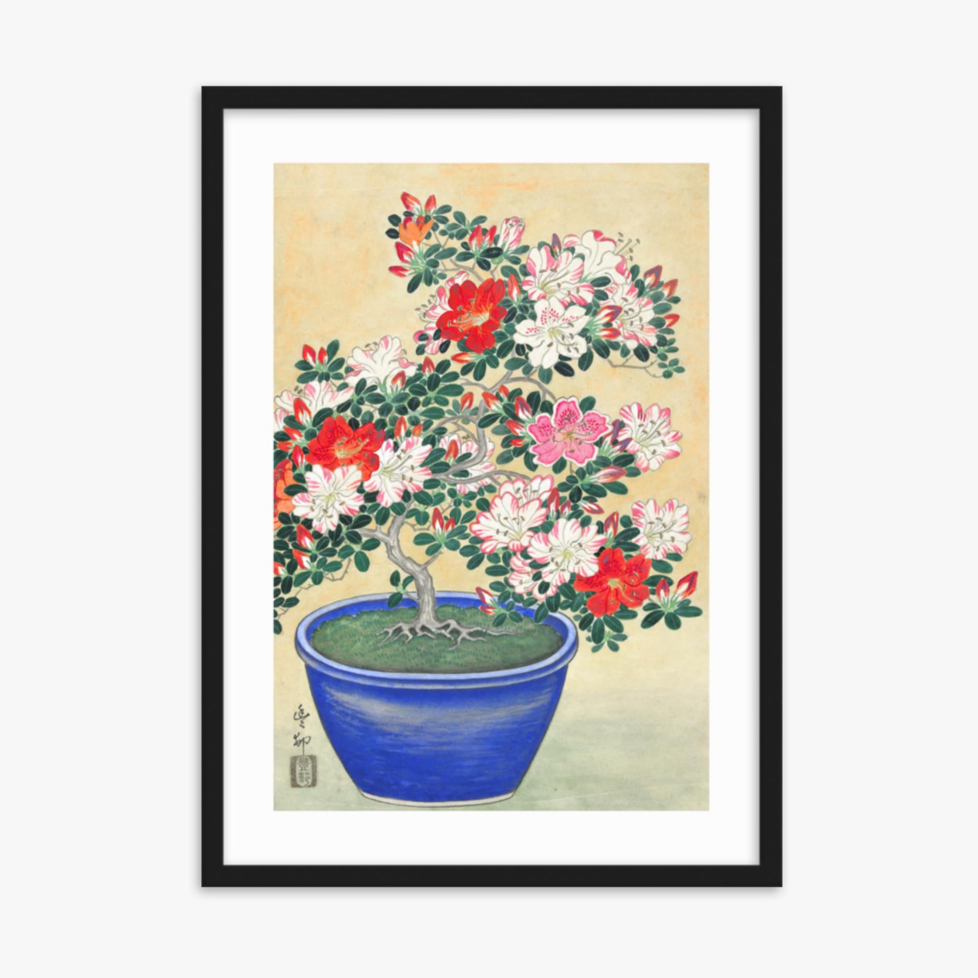 Ohara Koson - Blooming Azalea in Blue Pot 50x70 cm Poster With Black Frame