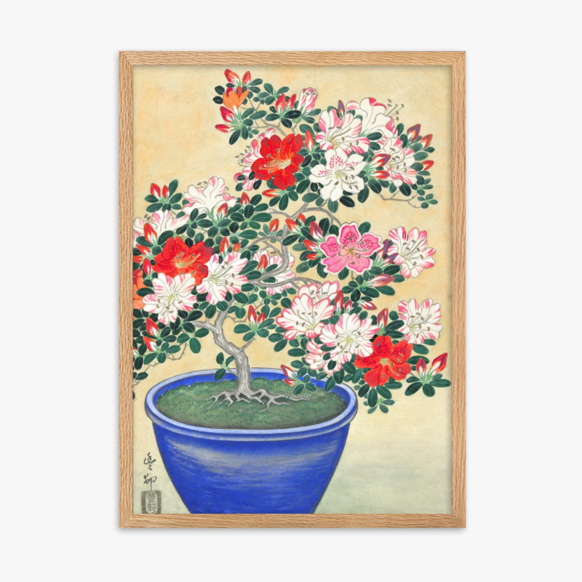 Ohara Koson - Blooming Azalea in Blue Pot 50x70 cm Poster With Oak Frame