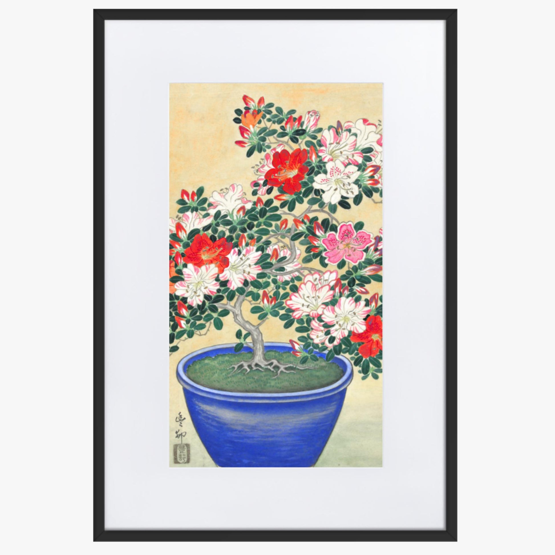 Ohara Koson - Blooming Azalea in Blue Pot 61x91 cm Poster With Black Frame