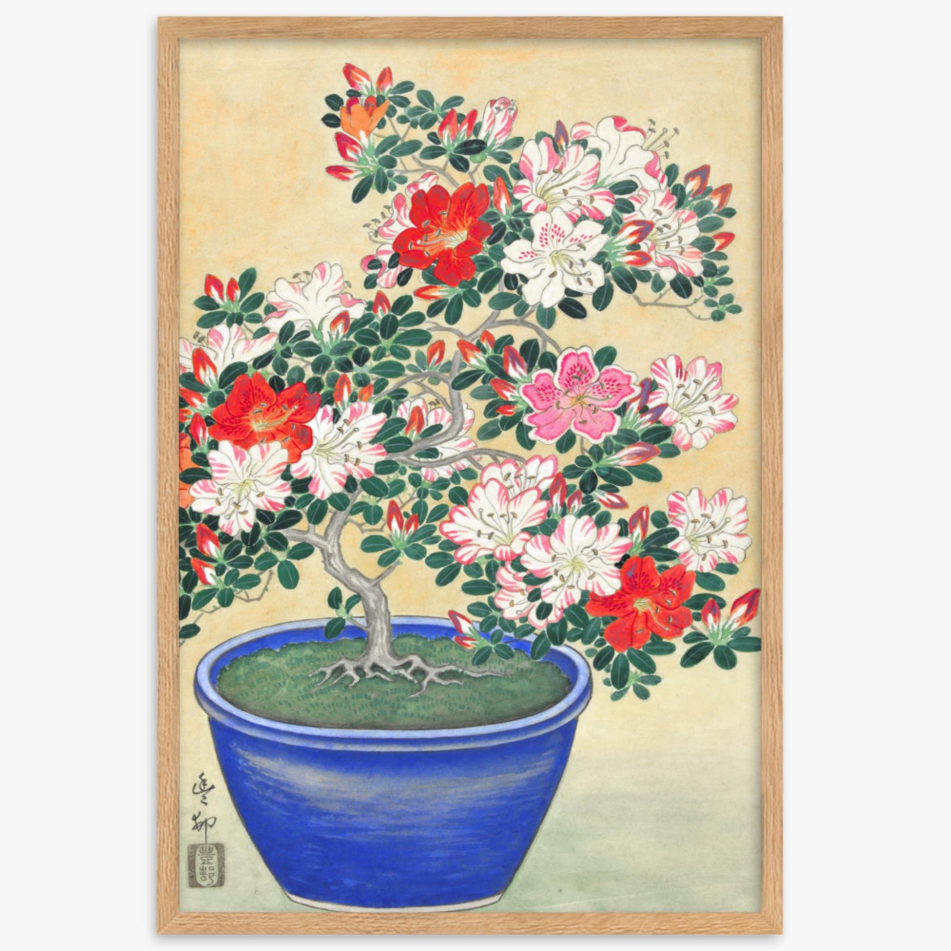 Ohara Koson - Blooming Azalea in Blue Pot 61x91 cm Poster With Oak Frame