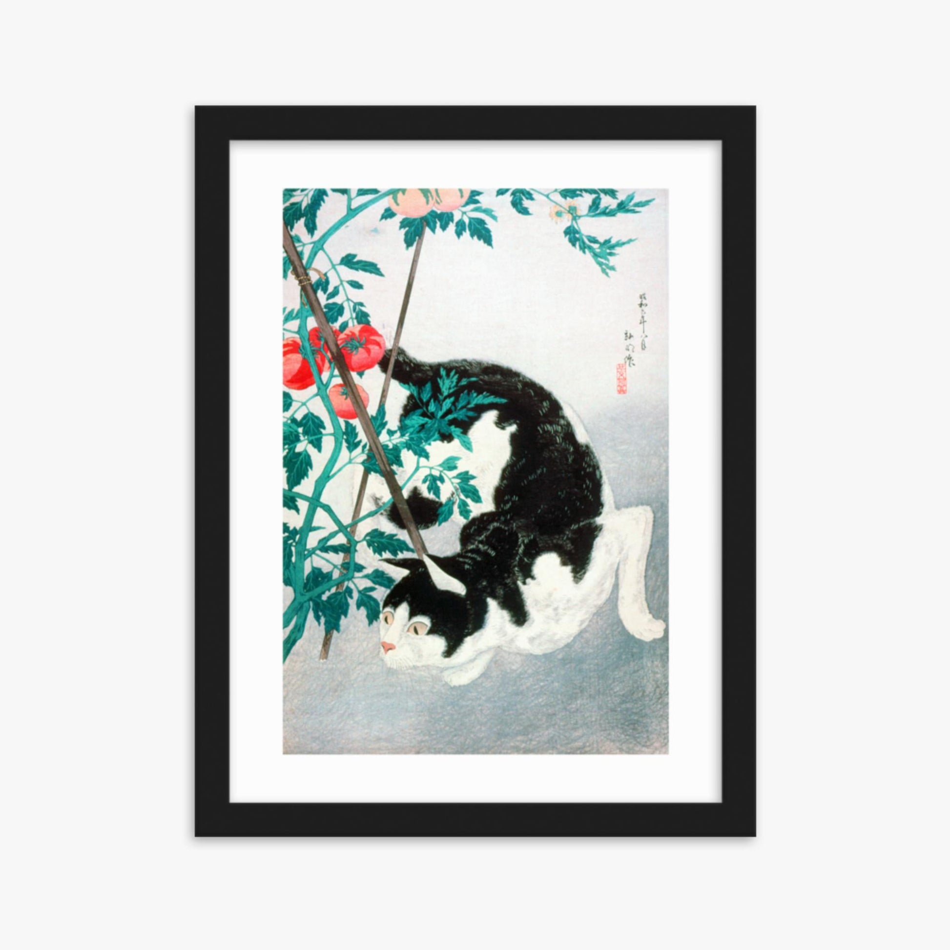 Takahashi Hiroaki (Shōtei) - Cat with Tomato Plant 30x40 cm Poster With Black Frame