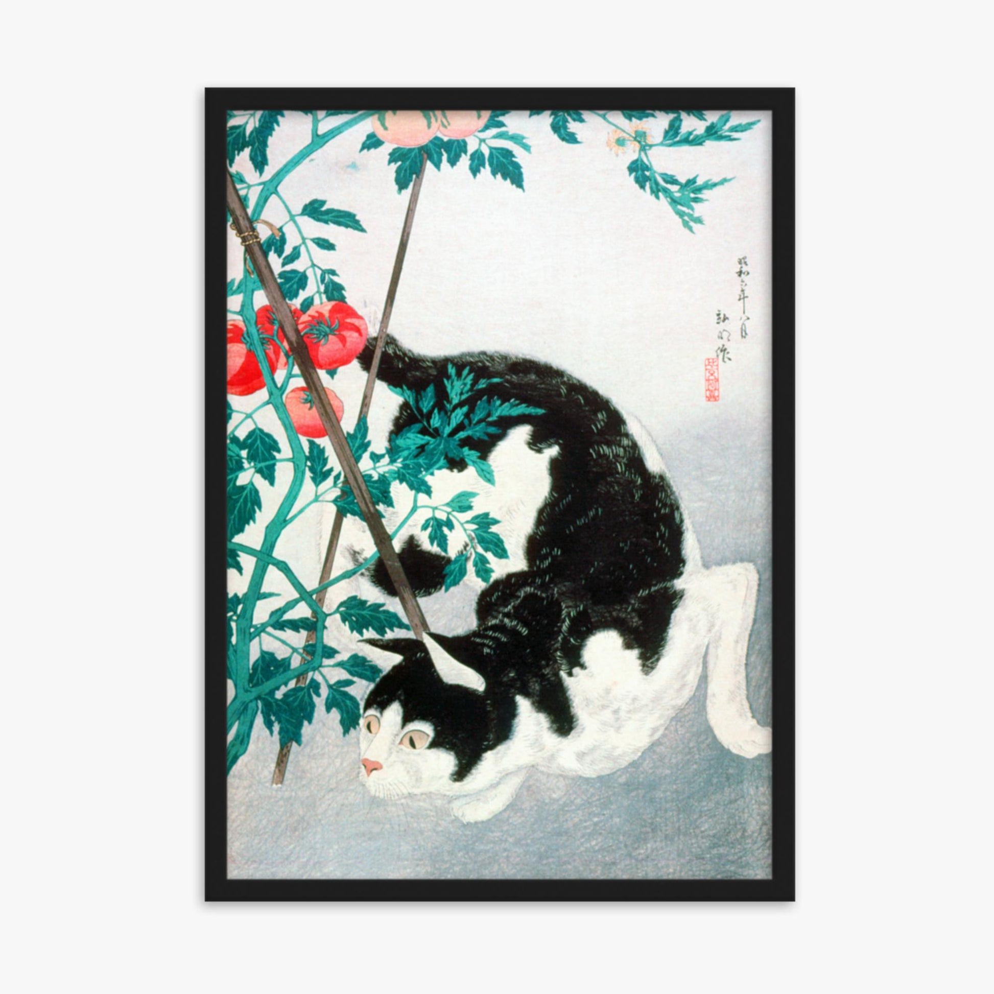 Takahashi Hiroaki (Shōtei) - Cat with Tomato Plant 50x70 cm Poster With Black Frame