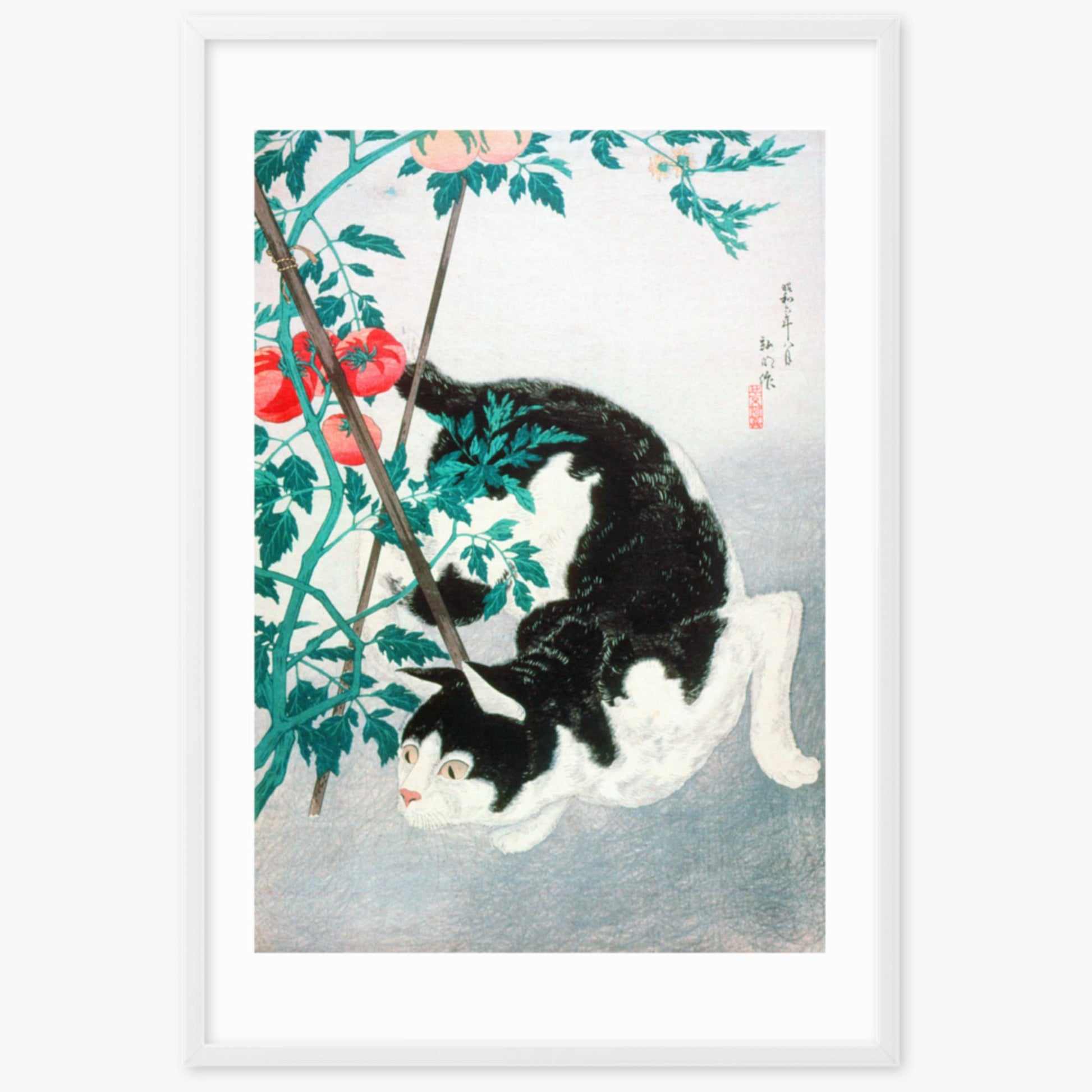 Takahashi Hiroaki (Shōtei) - Cat with Tomato Plant 61x91 cm Poster With White Frame